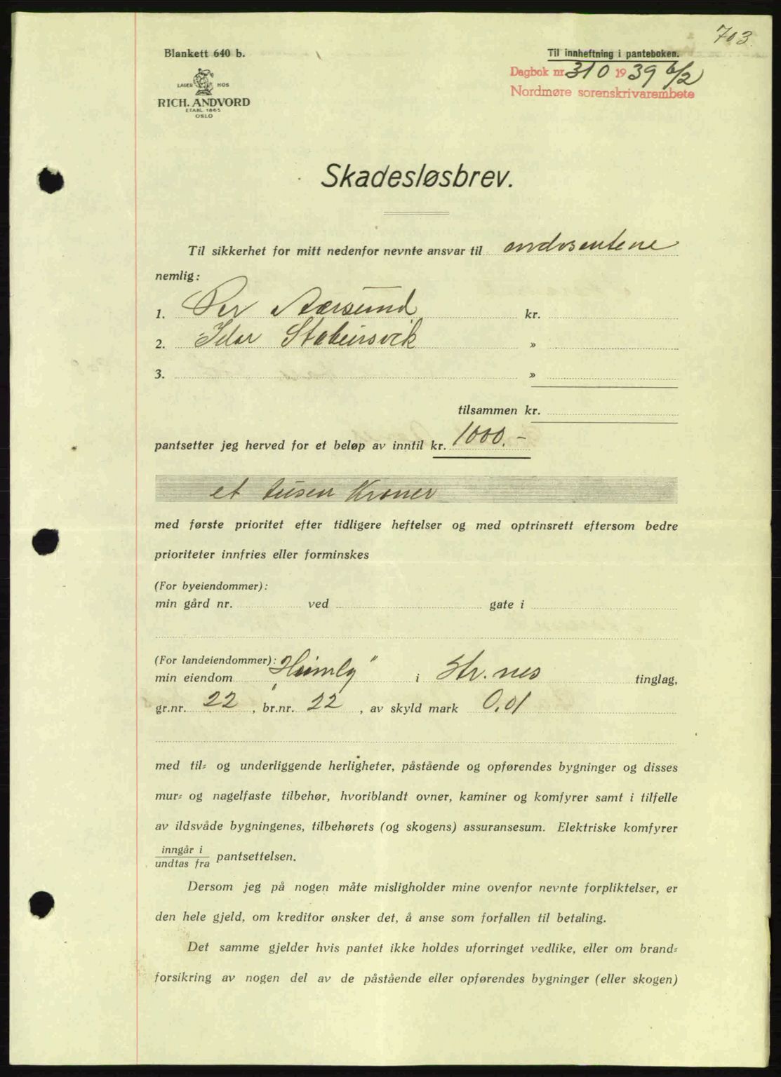 Nordmøre sorenskriveri, AV/SAT-A-4132/1/2/2Ca: Mortgage book no. B84, 1938-1939, Diary no: : 310/1939