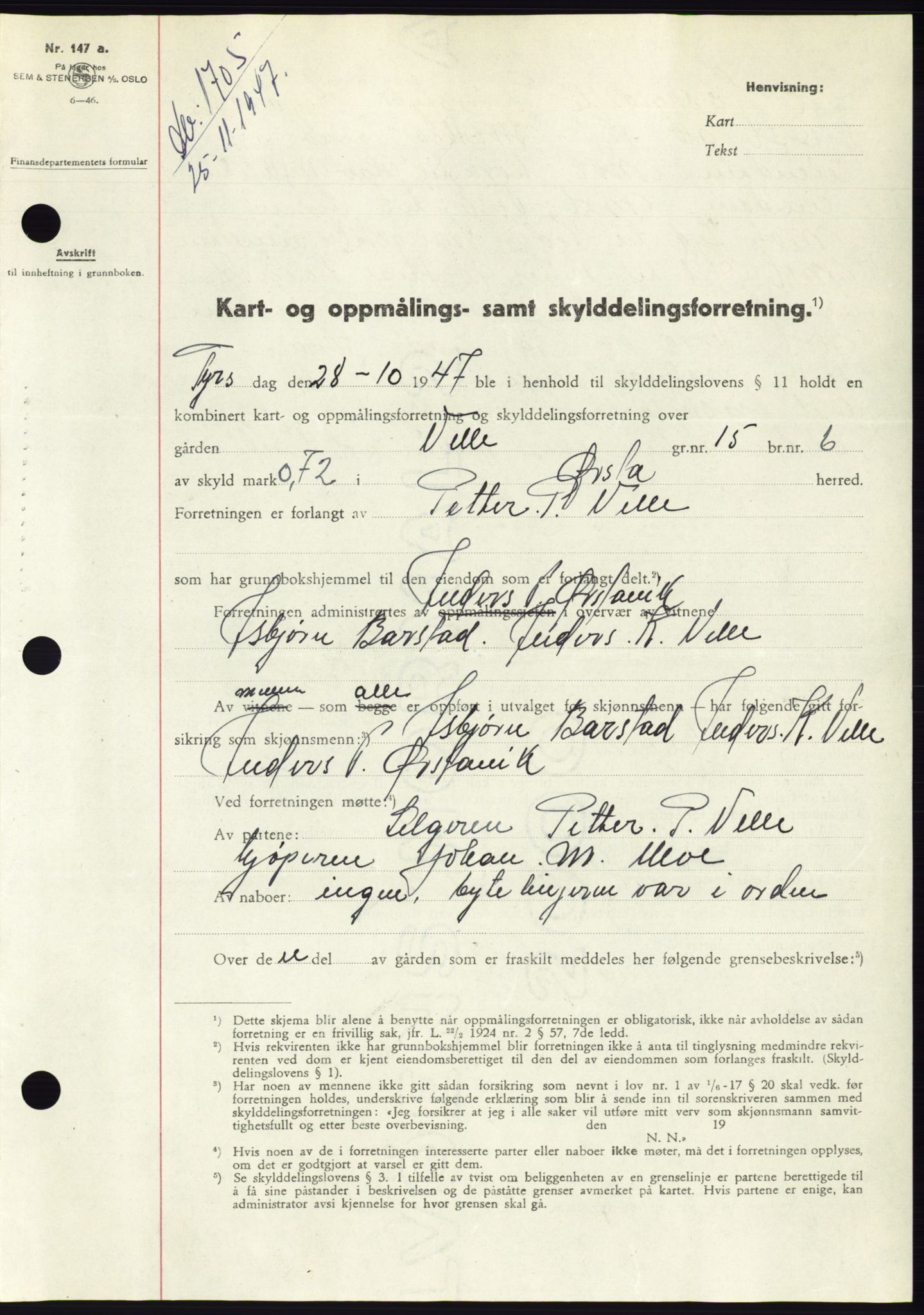 Søre Sunnmøre sorenskriveri, AV/SAT-A-4122/1/2/2C/L0081: Mortgage book no. 7A, 1947-1948, Diary no: : 1705/1947