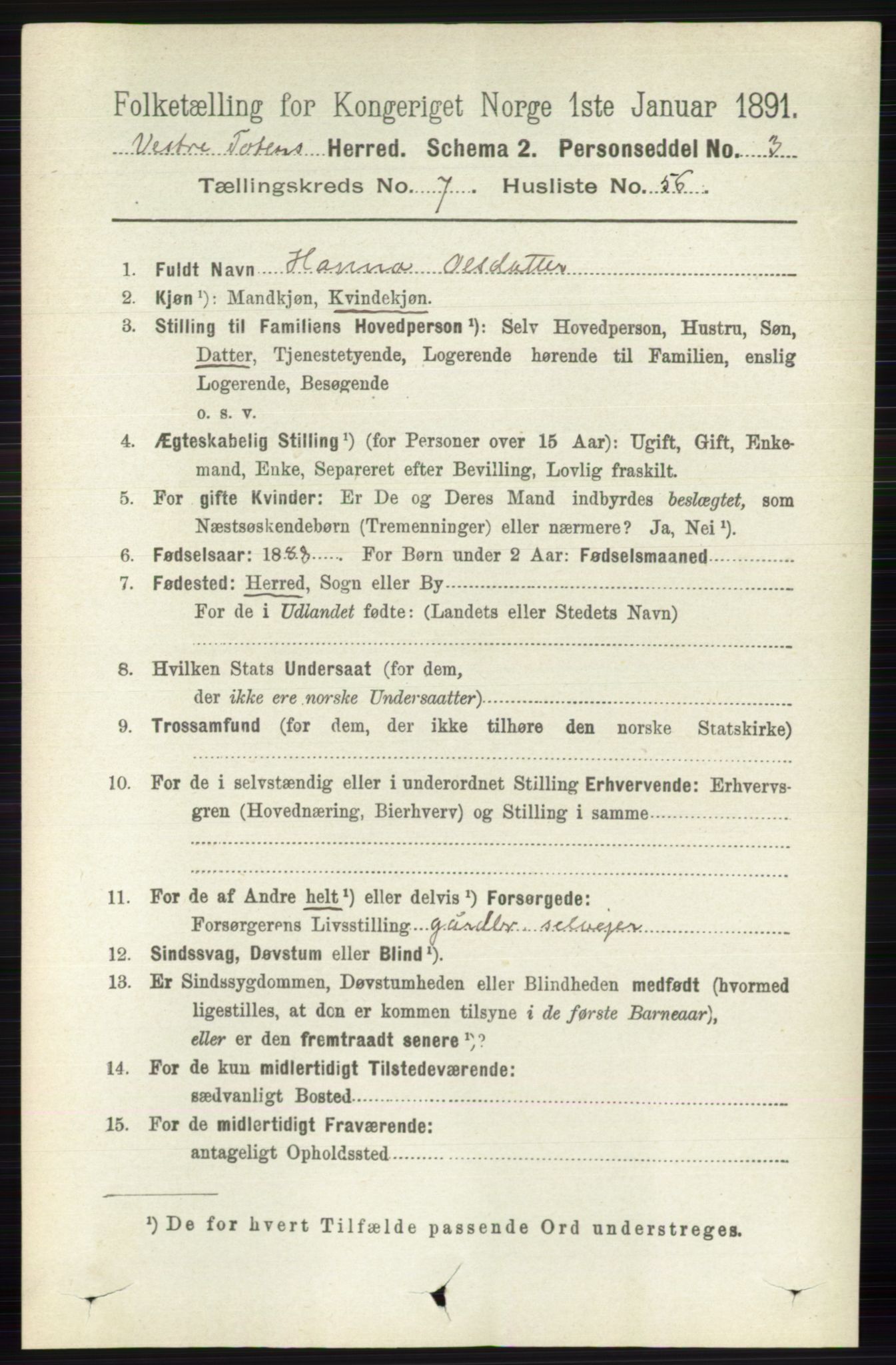 RA, 1891 census for 0529 Vestre Toten, 1891, p. 4673
