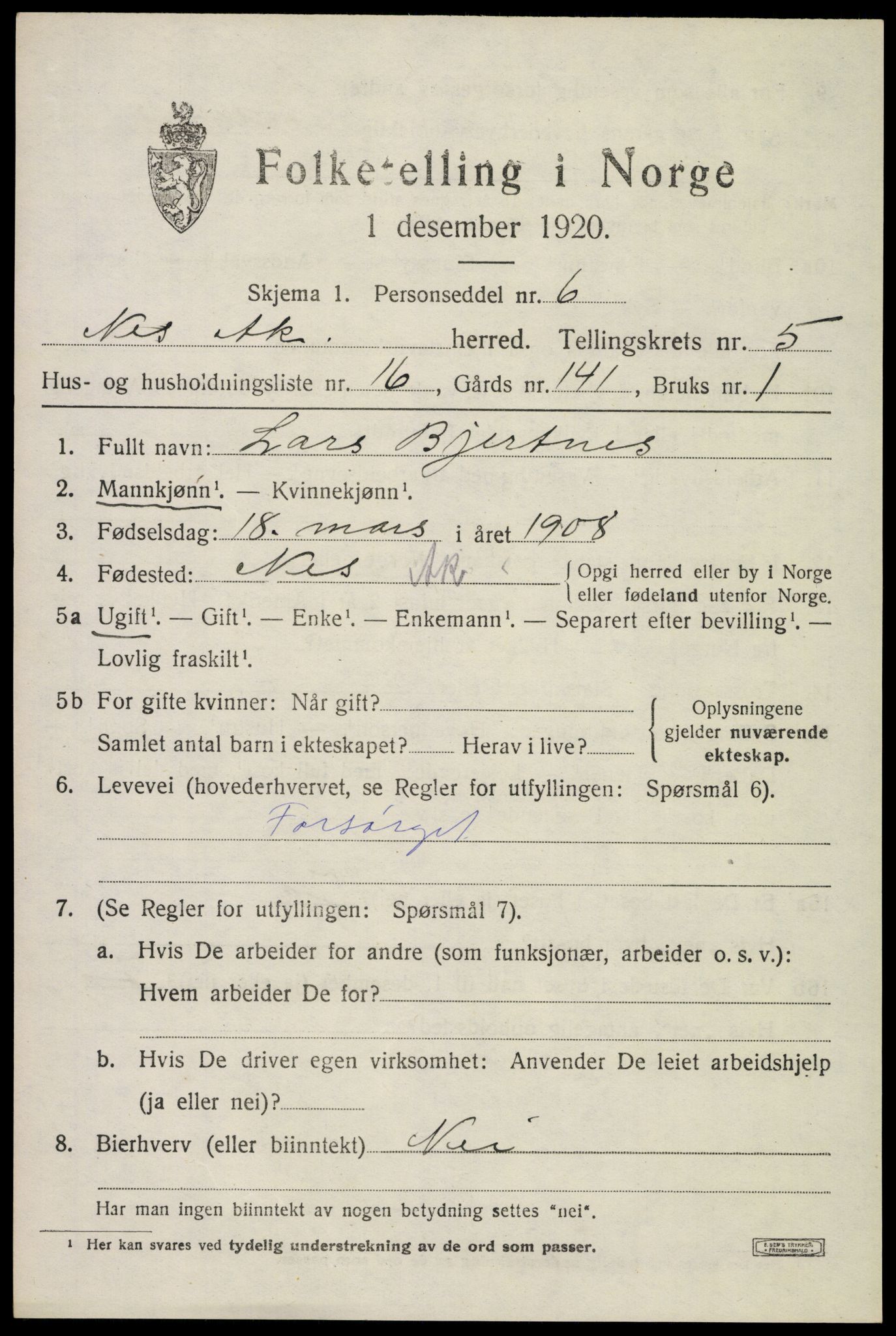 SAO, 1920 census for Nes, 1920, p. 6620