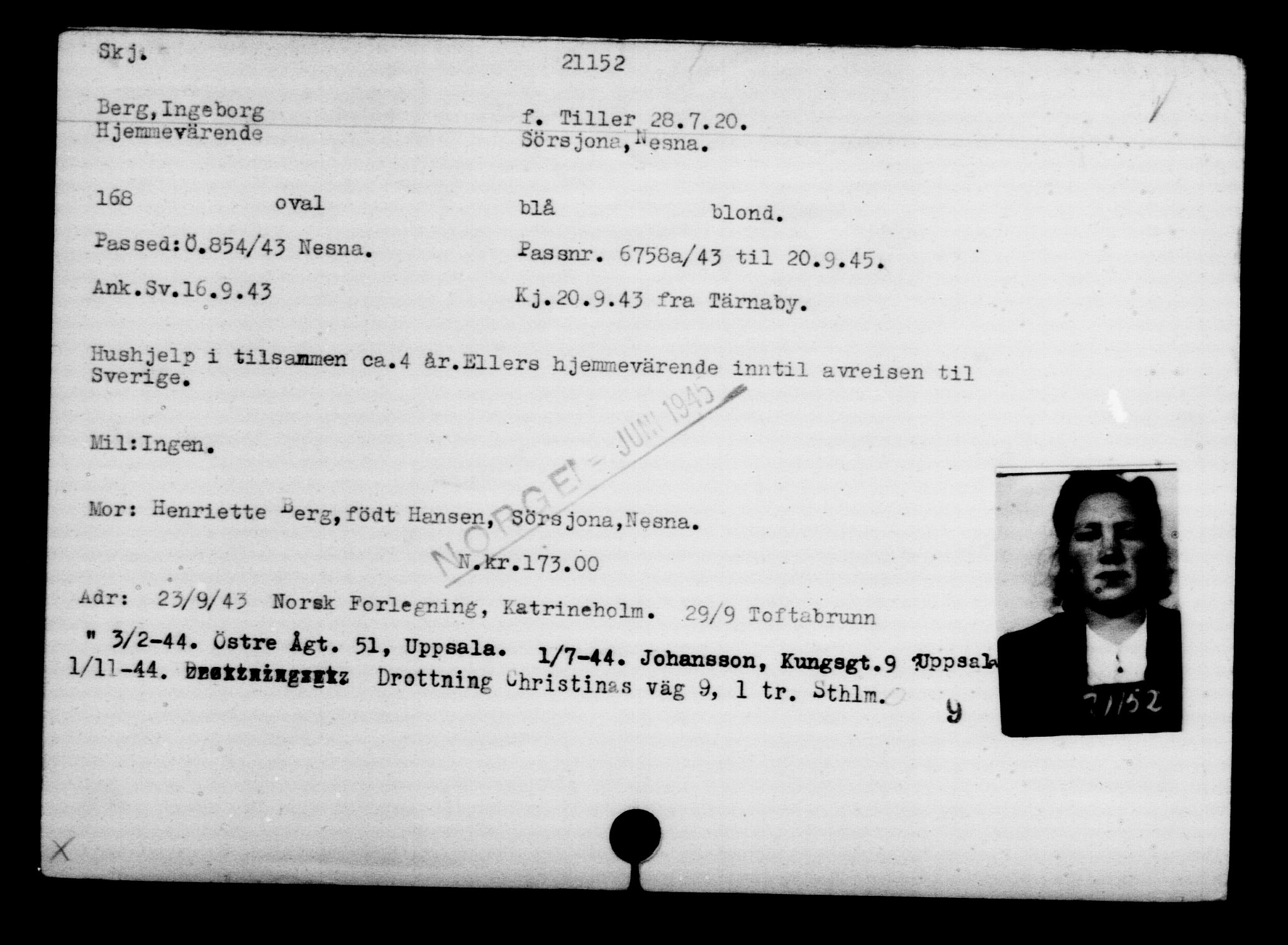 Utenriksstasjonene, Legasjonen i Stockholm, Flyktningkontoret, AV/RA-S-6753/V/Va/L0009: Kjesäterkartoteket, flyktninger med registreringsnr. 18502-22048, 1940-1945, p. 2151
