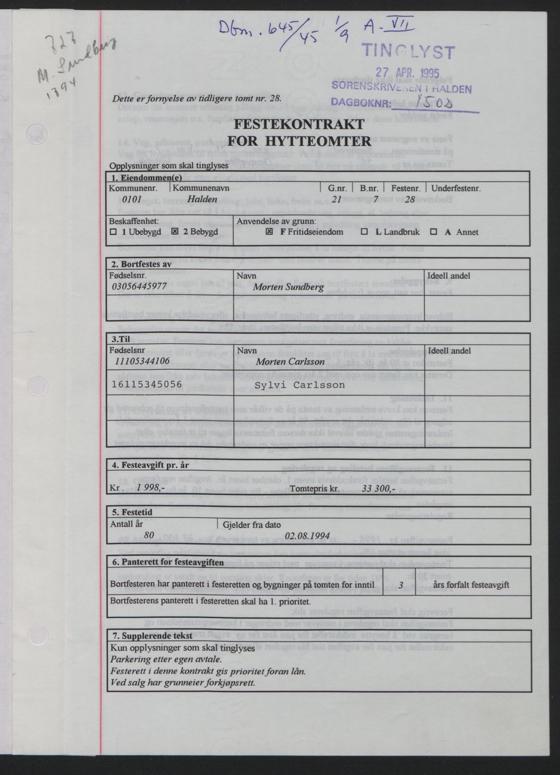 Idd og Marker sorenskriveri, AV/SAO-A-10283/G/Gb/Gbb/L0007: Mortgage book no. A7, 1944-1945, Diary no: : 645/1945