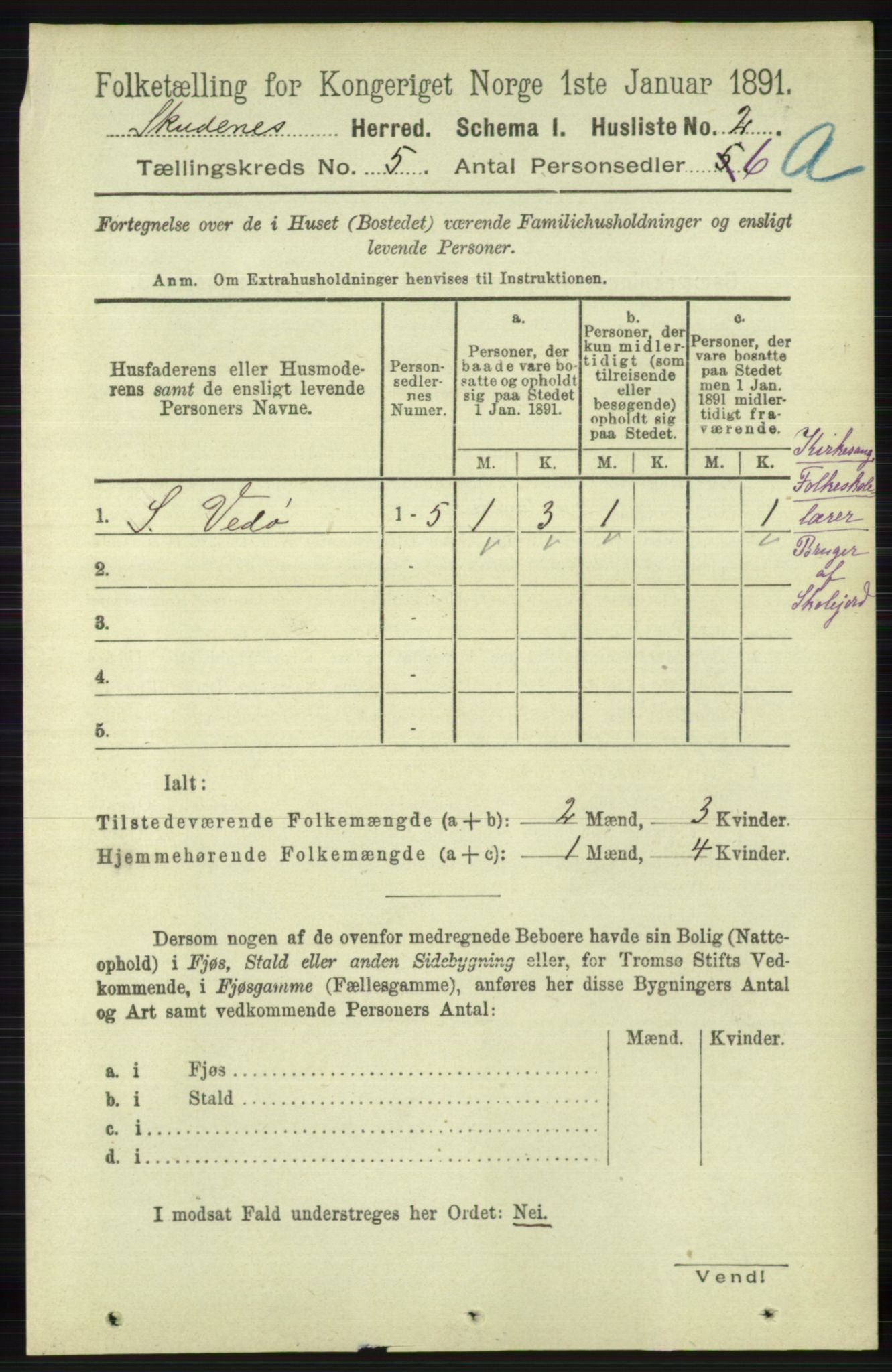 RA, 1891 census for 1150 Skudenes, 1891, p. 2456