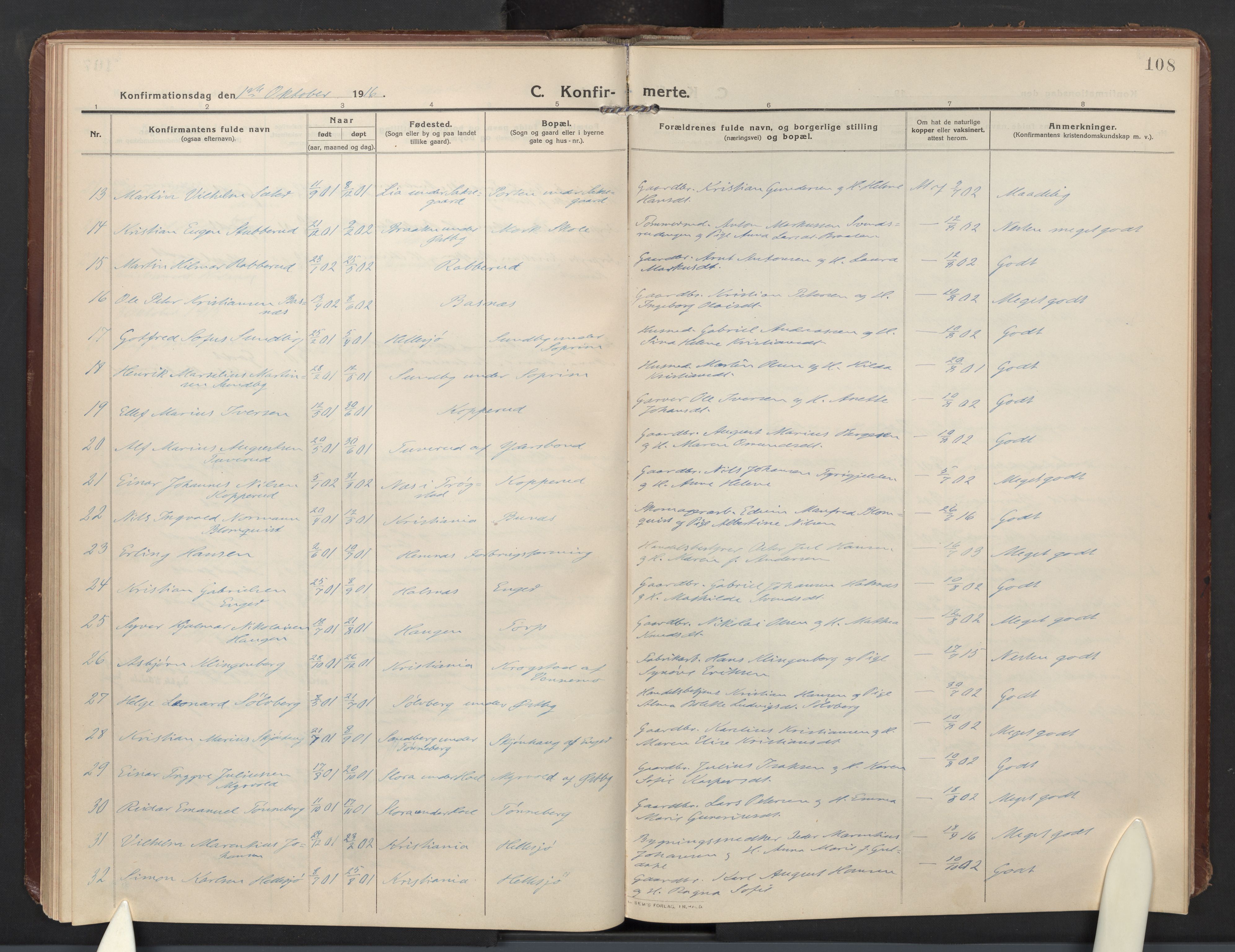 Høland prestekontor Kirkebøker, SAO/A-10346a/F/Fb: Parish register (official) no. II 4, 1913-1924, p. 108