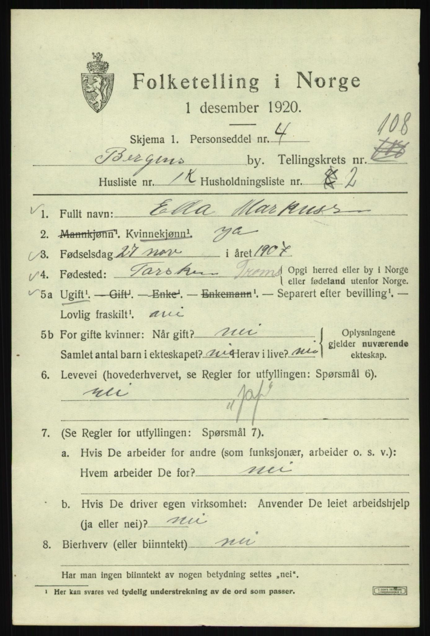 SAB, 1920 census for Bergen, 1920, p. 187132