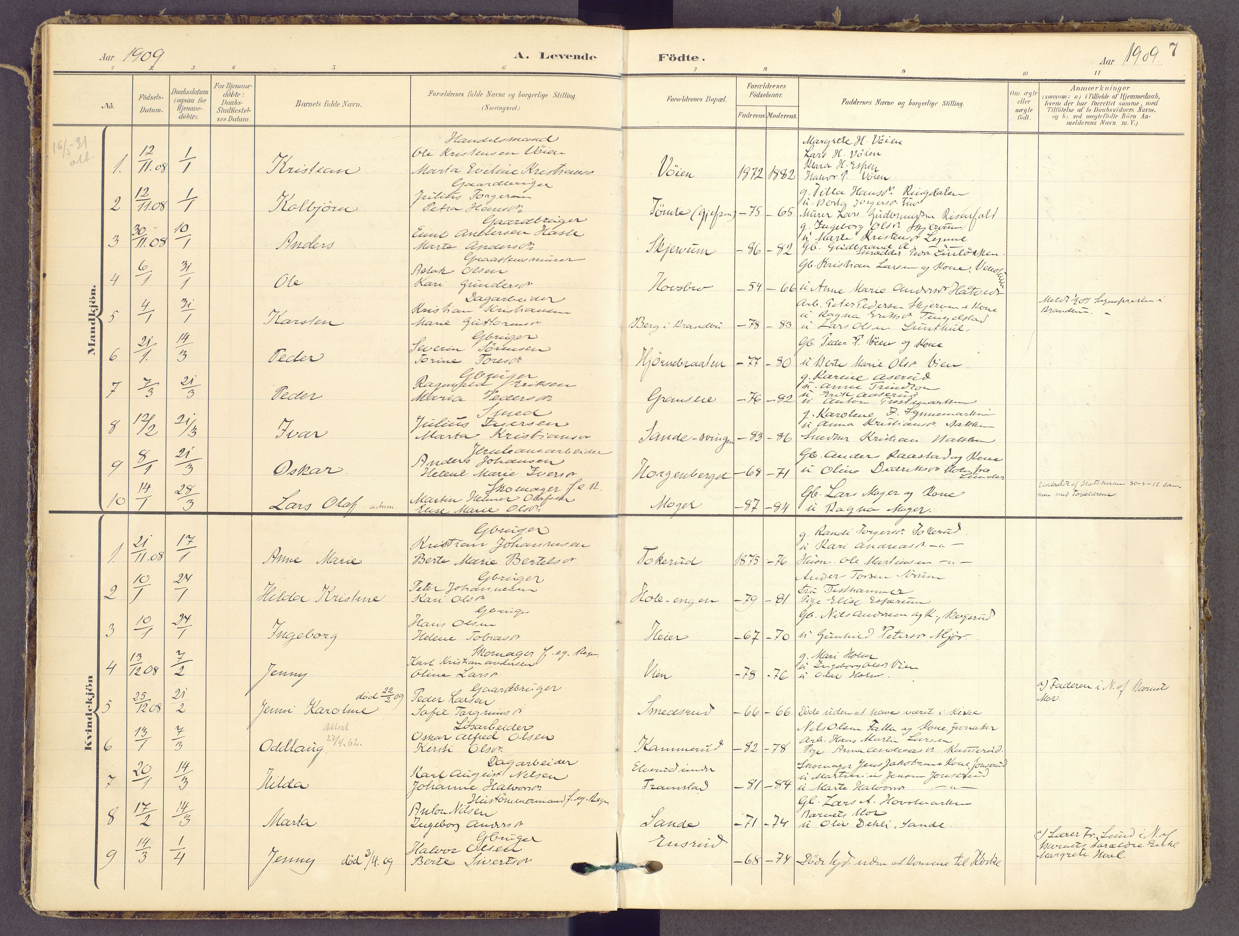 Gran prestekontor, SAH/PREST-112/H/Ha/Haa/L0021: Parish register (official) no. 21, 1908-1932, p. 7