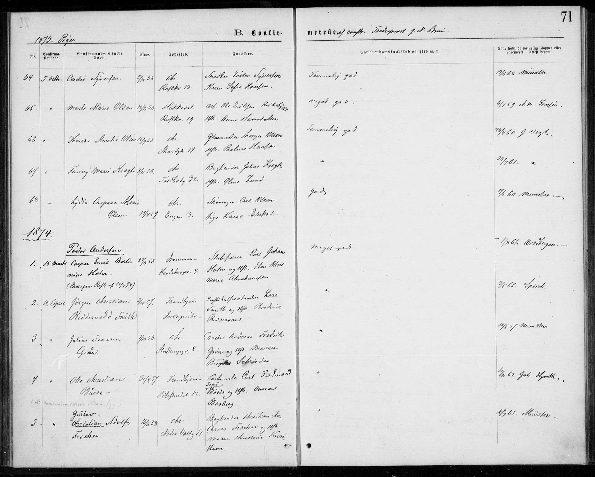 Trefoldighet prestekontor Kirkebøker, SAO/A-10882/F/Fb/L0002: Parish register (official) no. II 2, 1871-1880, p. 71
