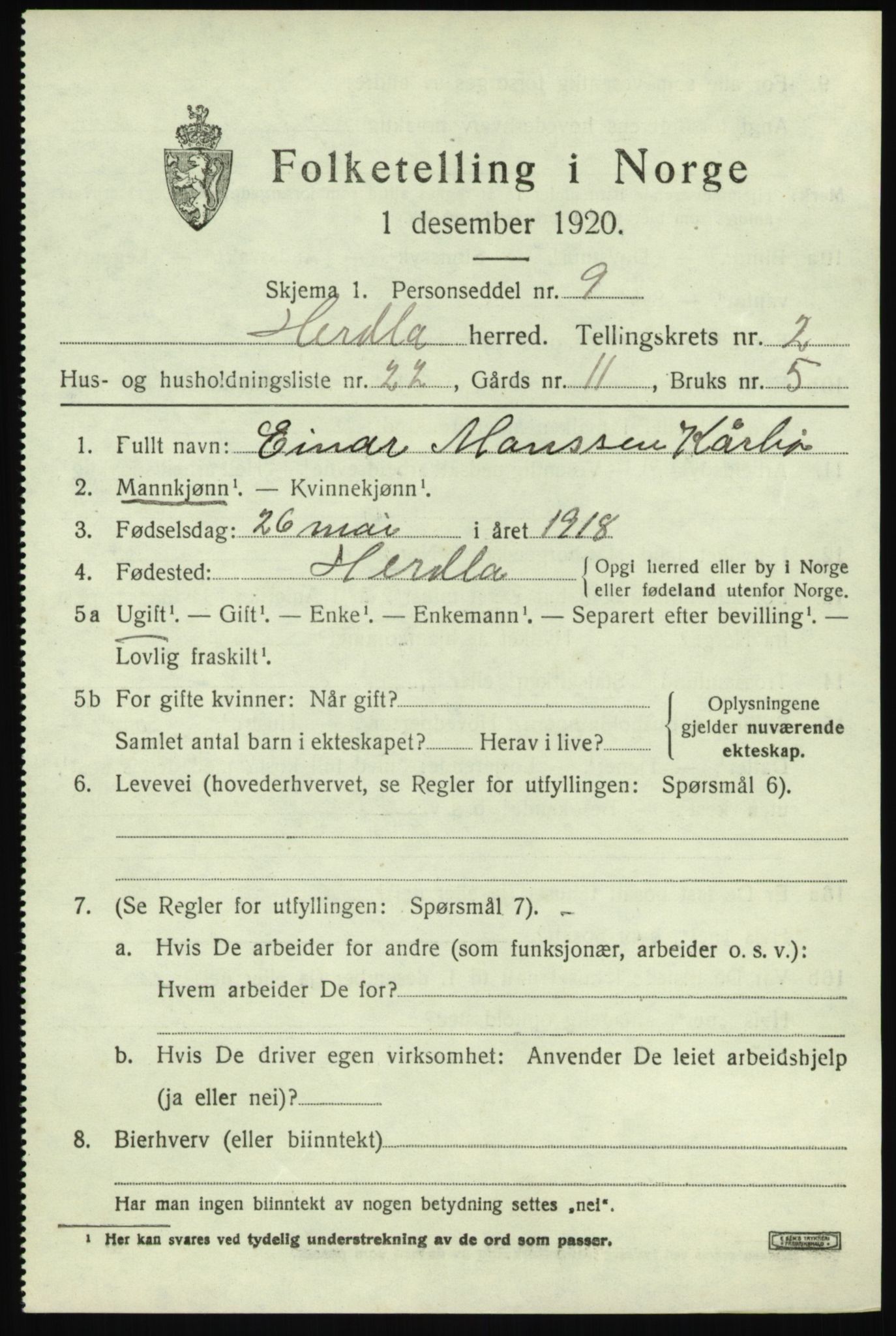 SAB, 1920 census for Herdla, 1920, p. 2735