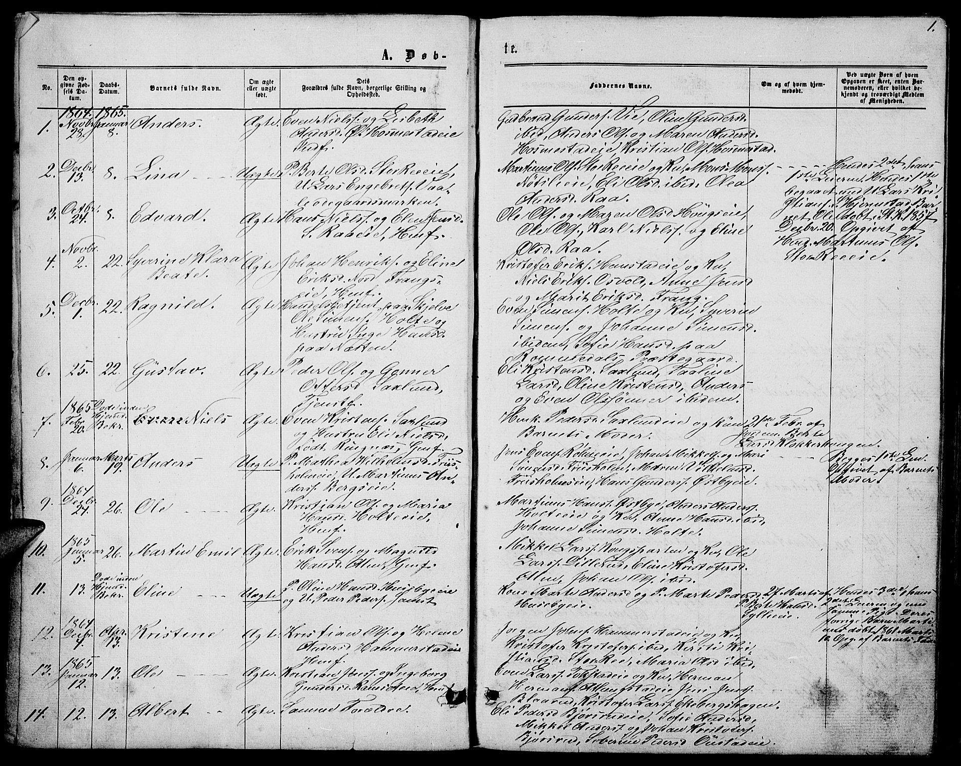 Stange prestekontor, SAH/PREST-002/L/L0006: Parish register (copy) no. 6, 1864-1882, p. 1