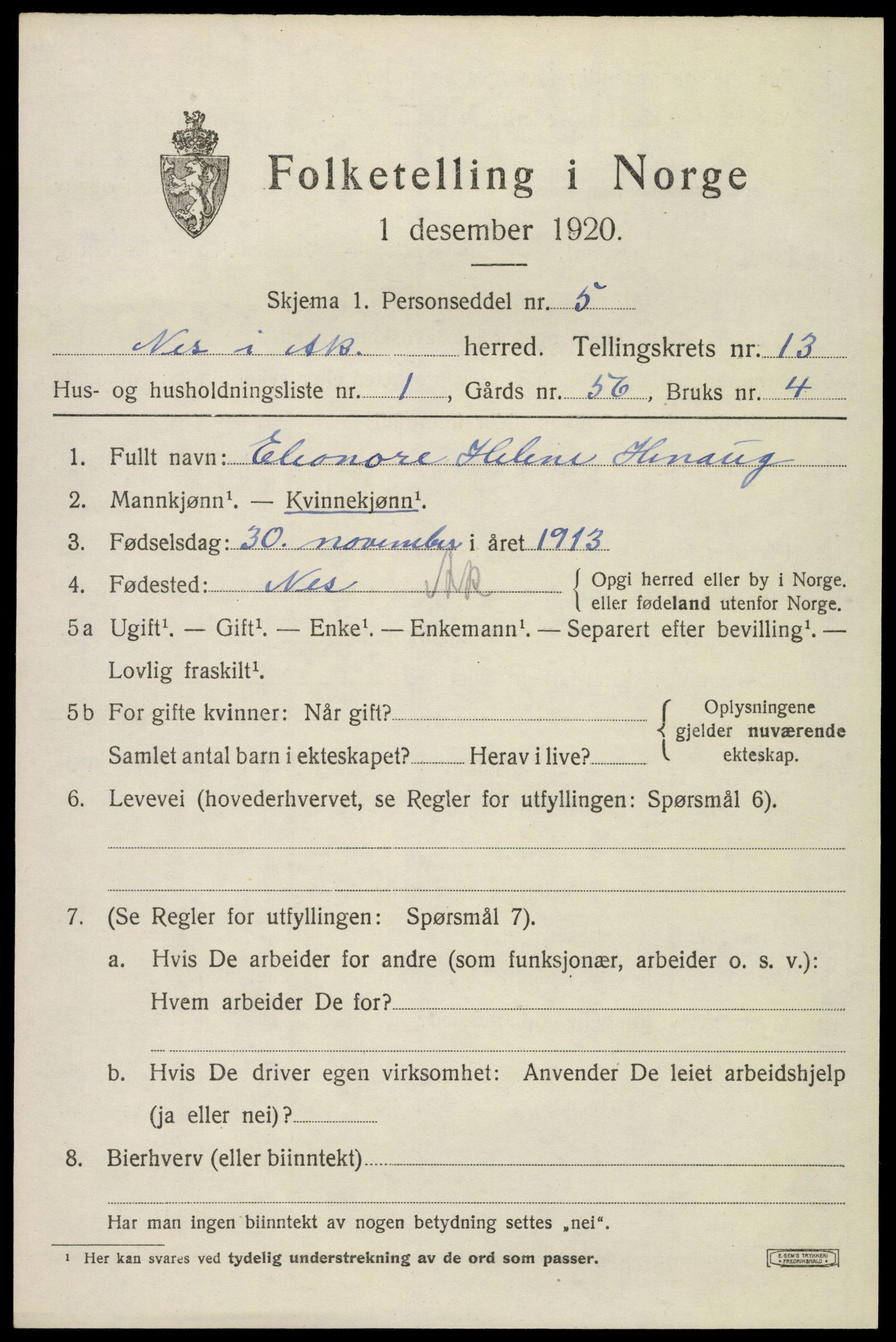 SAO, 1920 census for Nes, 1920, p. 13432