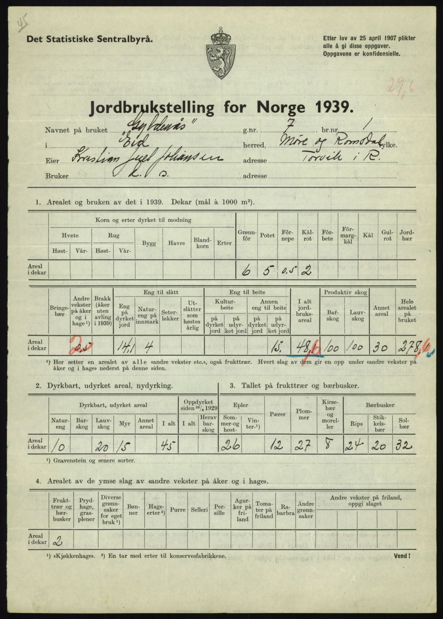 Statistisk sentralbyrå, Næringsøkonomiske emner, Jordbruk, skogbruk, jakt, fiske og fangst, AV/RA-S-2234/G/Gb/L0251: Møre og Romsdal: Voll, Eid, Grytten og Hen, 1939, p. 431