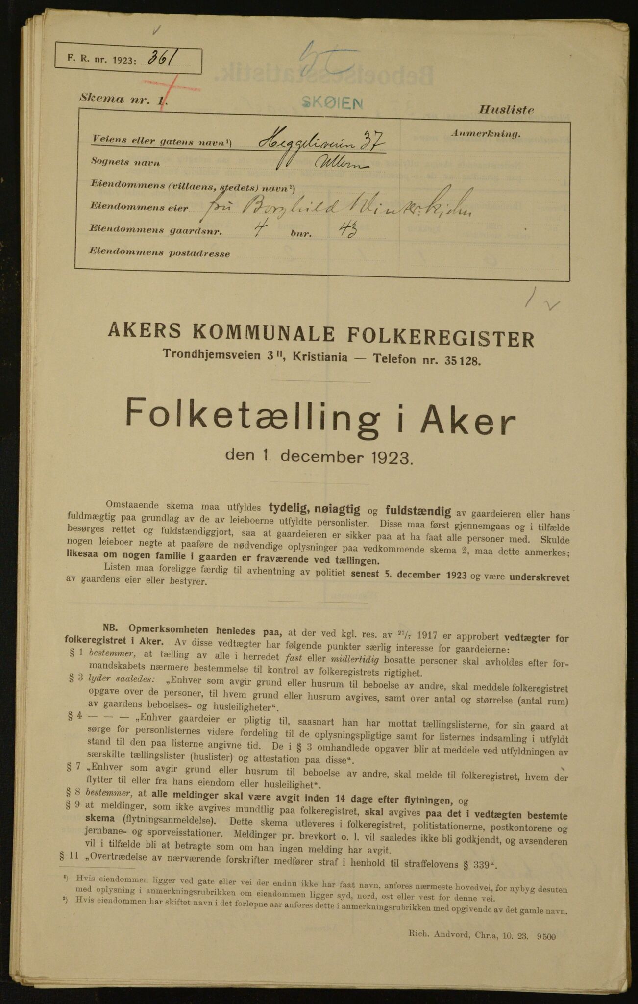 , Municipal Census 1923 for Aker, 1923, p. 2299