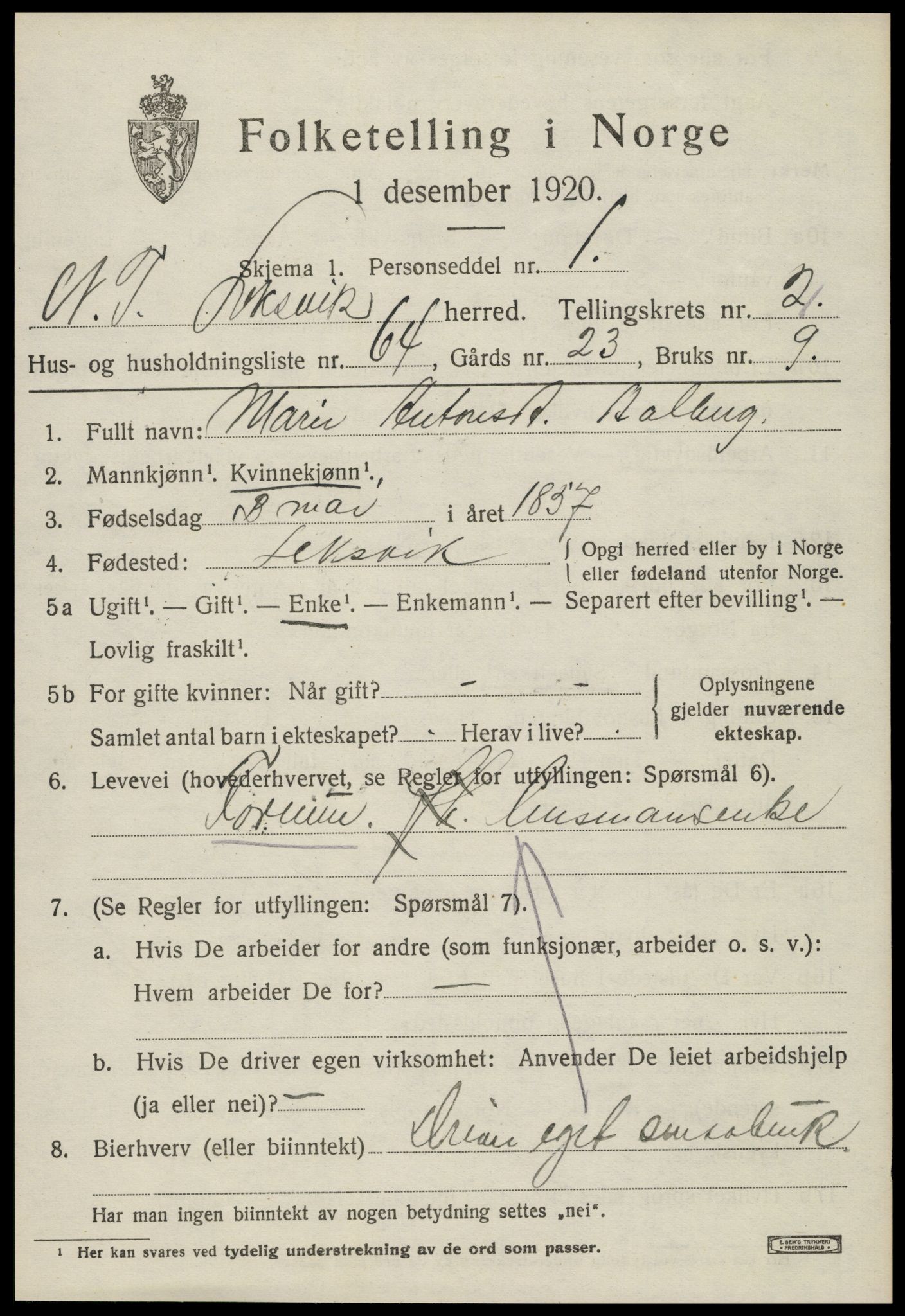 SAT, 1920 census for Leksvik, 1920, p. 2462