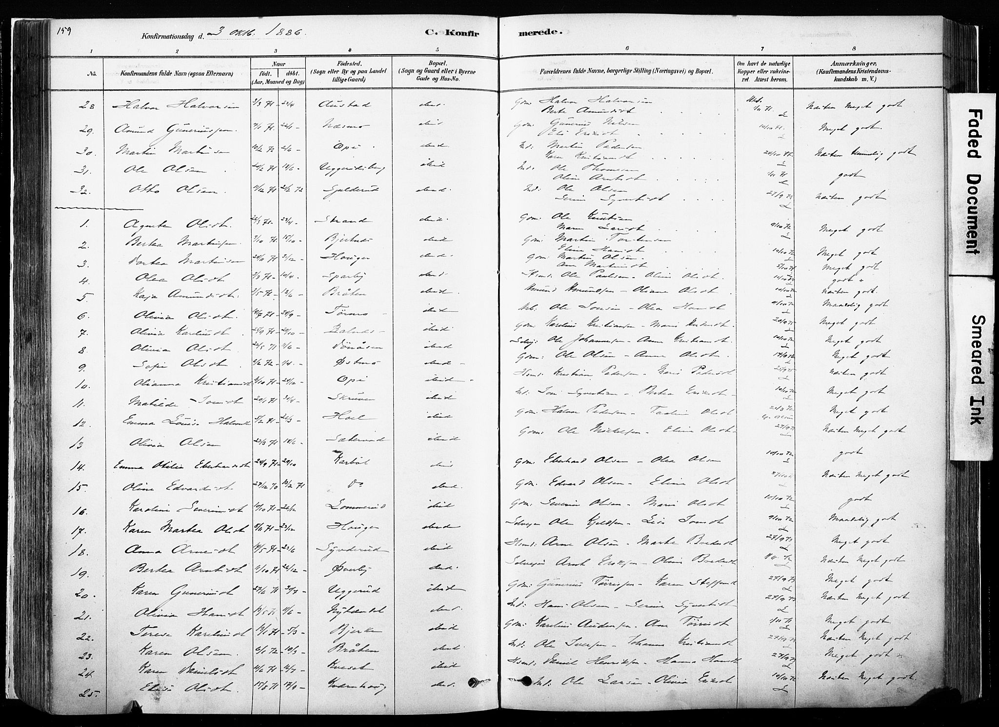 Hof prestekontor, SAH/PREST-038/H/Ha/Haa/L0010: Parish register (official) no. 10, 1878-1909, p. 159