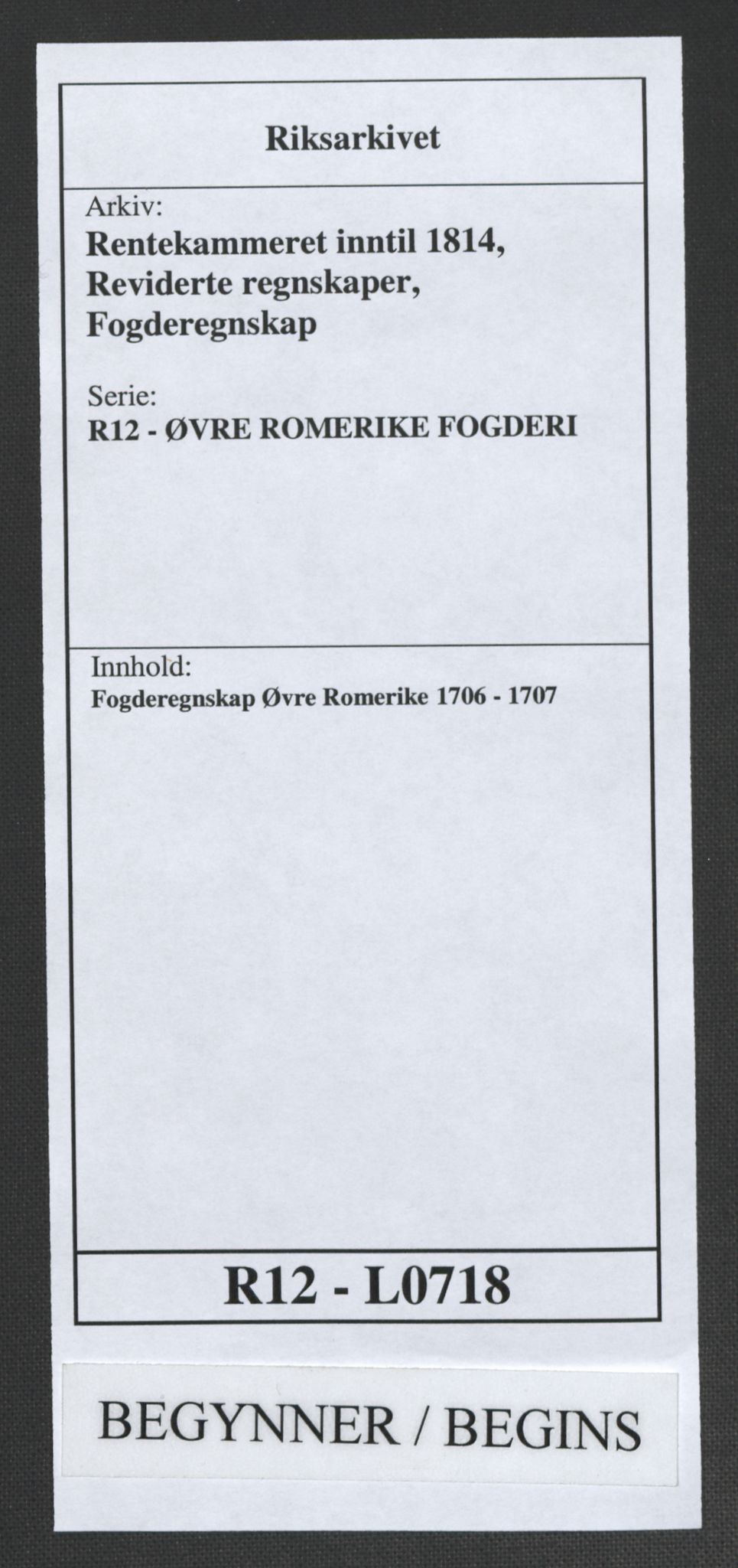 Rentekammeret inntil 1814, Reviderte regnskaper, Fogderegnskap, AV/RA-EA-4092/R12/L0718: Fogderegnskap Øvre Romerike, 1706-1707, p. 1