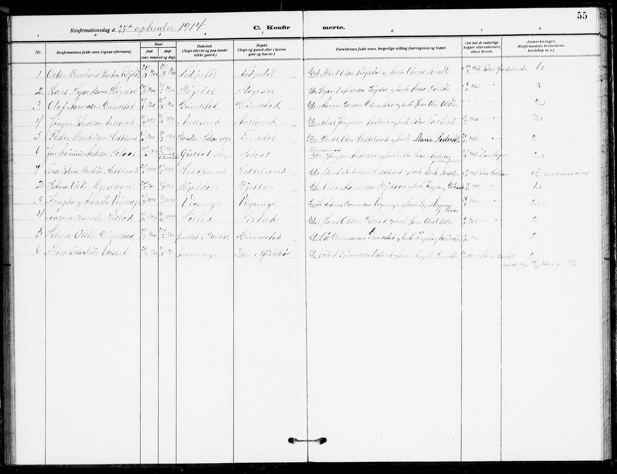 Holum sokneprestkontor, AV/SAK-1111-0022/F/Fb/Fbc/L0004: Parish register (copy) no. B 4, 1908-1930, p. 55