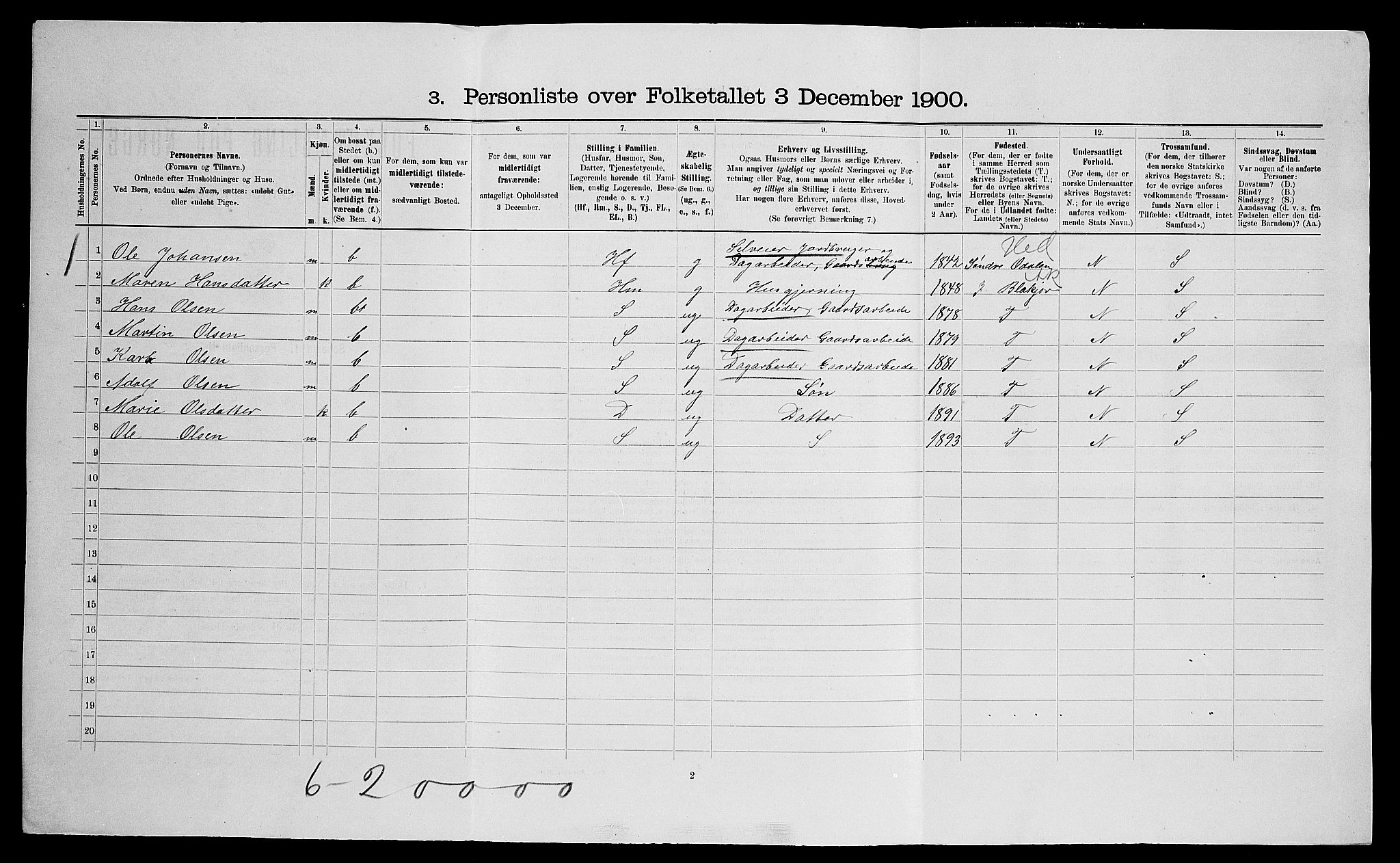 SAO, 1900 census for Nes, 1900