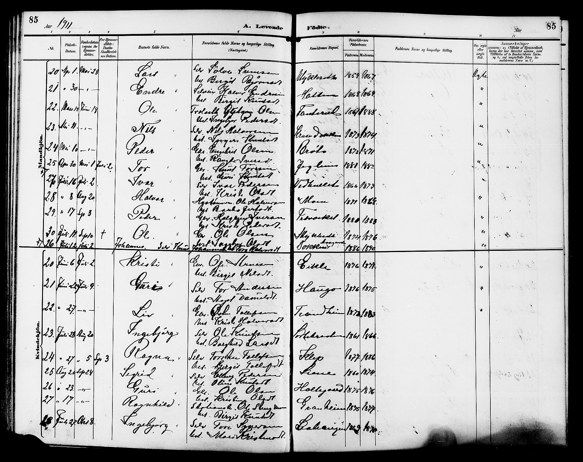 Gol kirkebøker, AV/SAKO-A-226/G/Ga/L0003: Parish register (copy) no. I 3, 1887-1914, p. 85