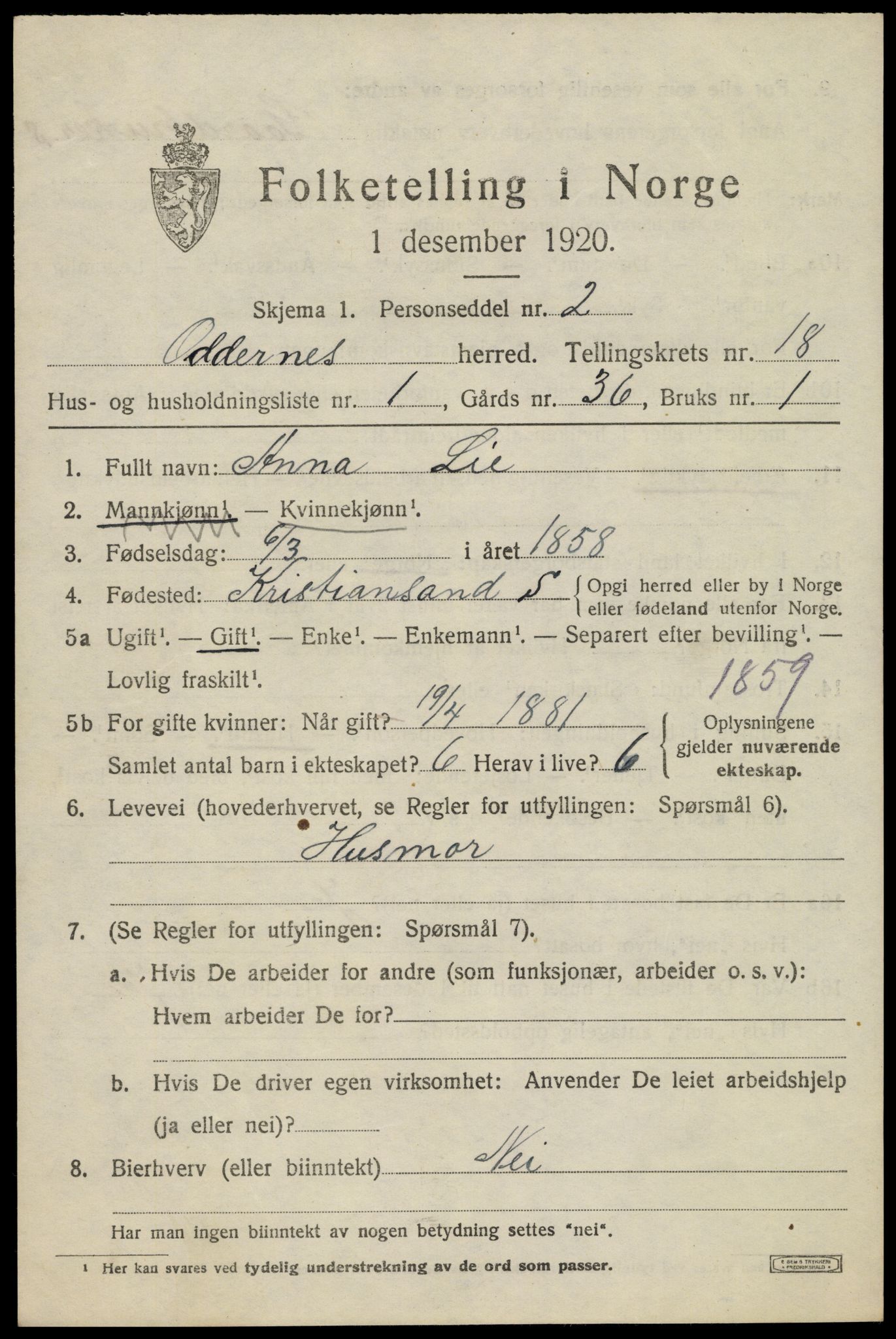 SAK, 1920 census for Oddernes, 1920, p. 13367