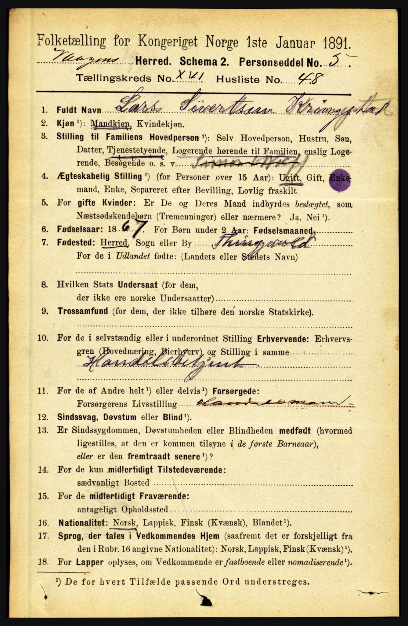 RA, 1891 census for 1865 Vågan, 1891, p. 4876