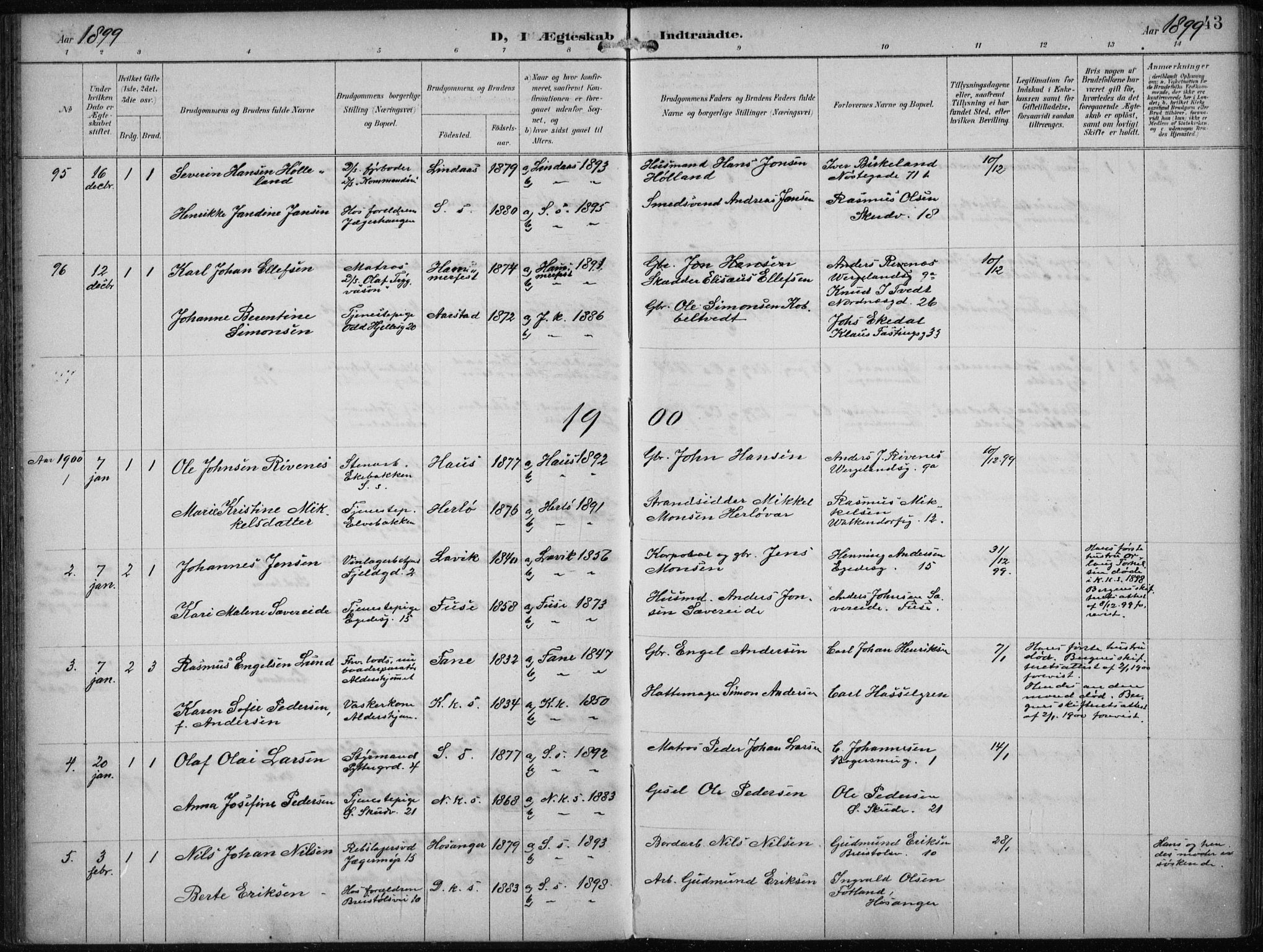 Sandviken Sokneprestembete, SAB/A-77601/H/Ha/L0014: Parish register (official) no. D 1, 1896-1911, p. 43