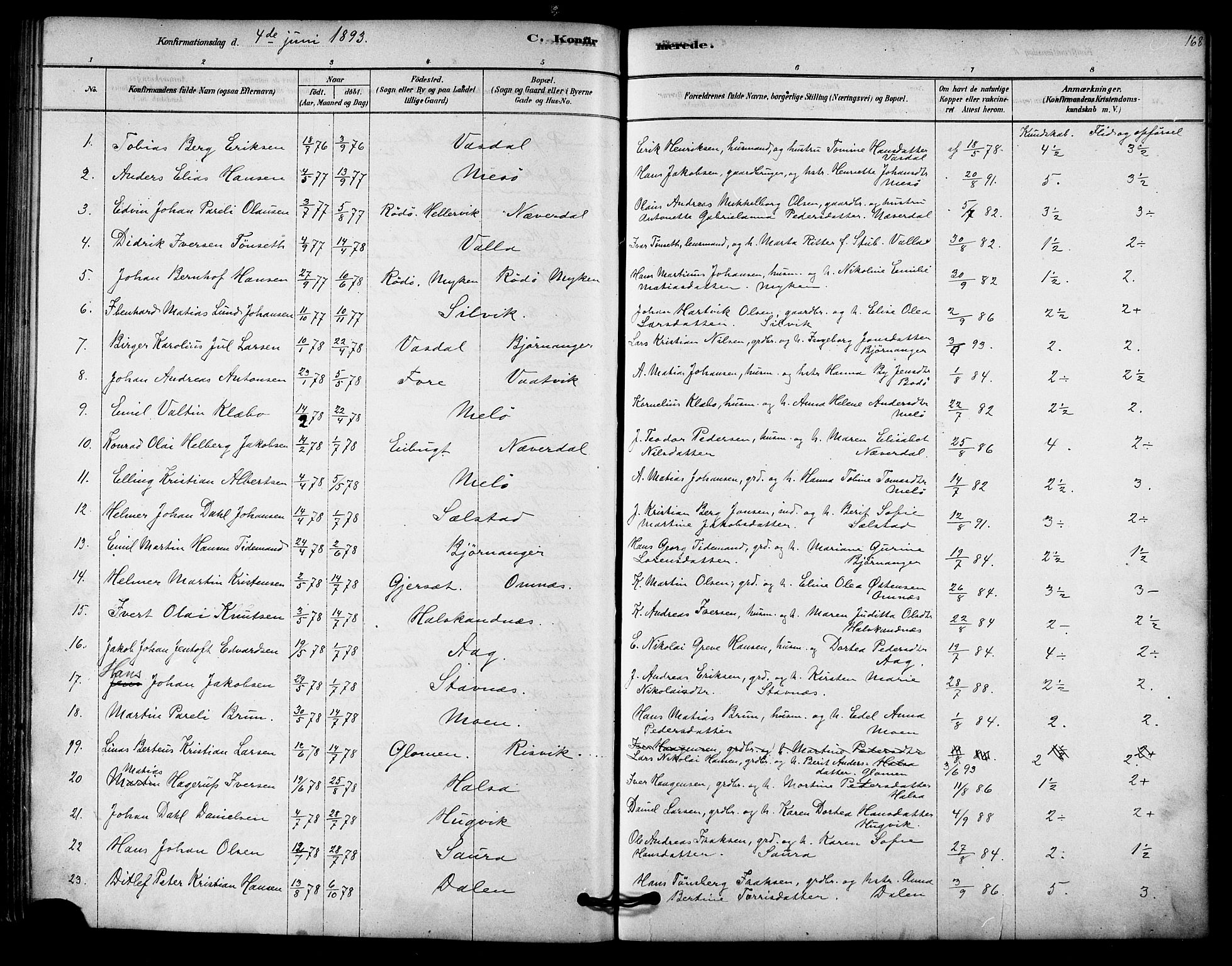 Ministerialprotokoller, klokkerbøker og fødselsregistre - Nordland, SAT/A-1459/843/L0626: Parish register (official) no. 843A01, 1878-1907, p. 168