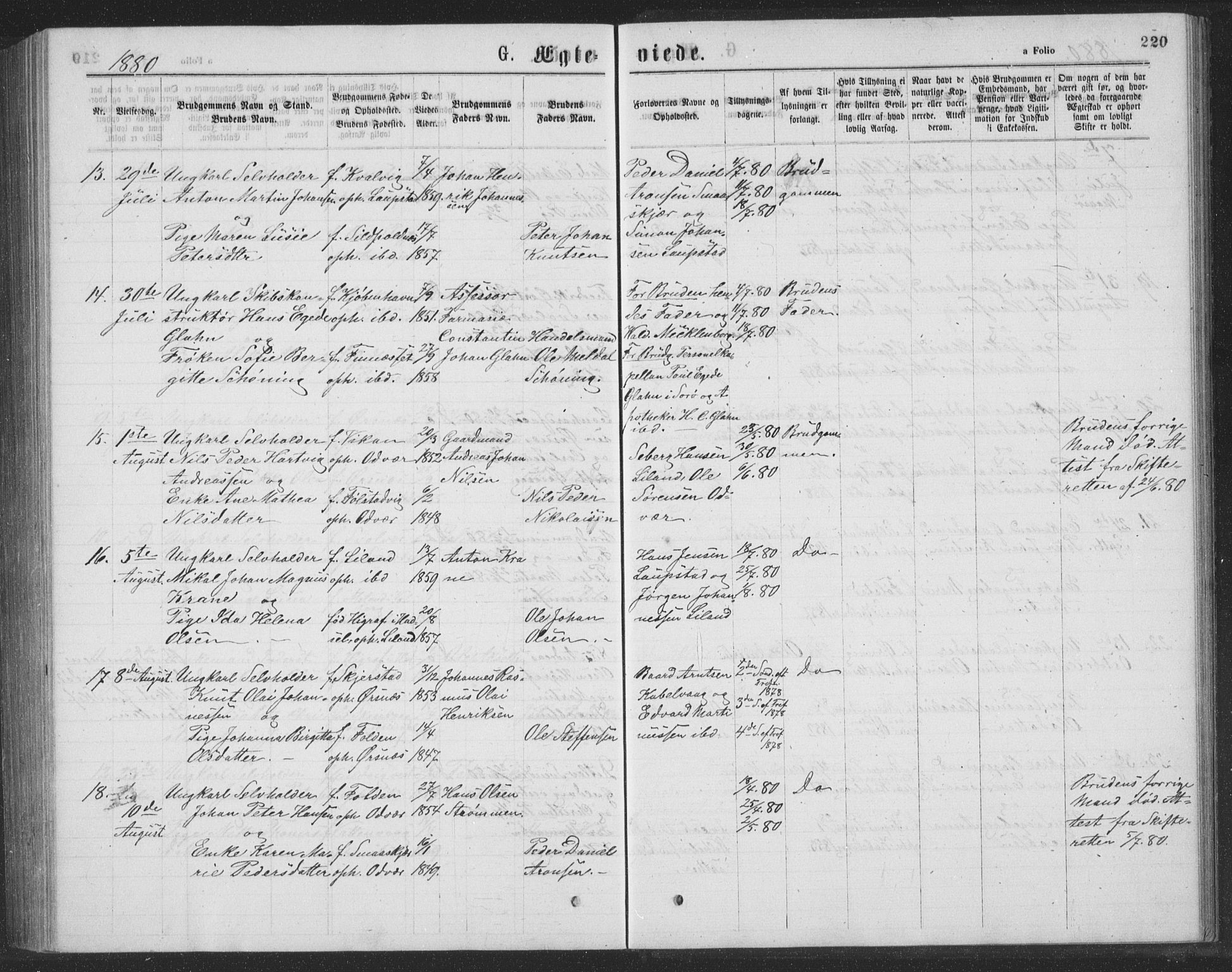 Ministerialprotokoller, klokkerbøker og fødselsregistre - Nordland, AV/SAT-A-1459/874/L1075: Parish register (copy) no. 874C04, 1876-1883, p. 220