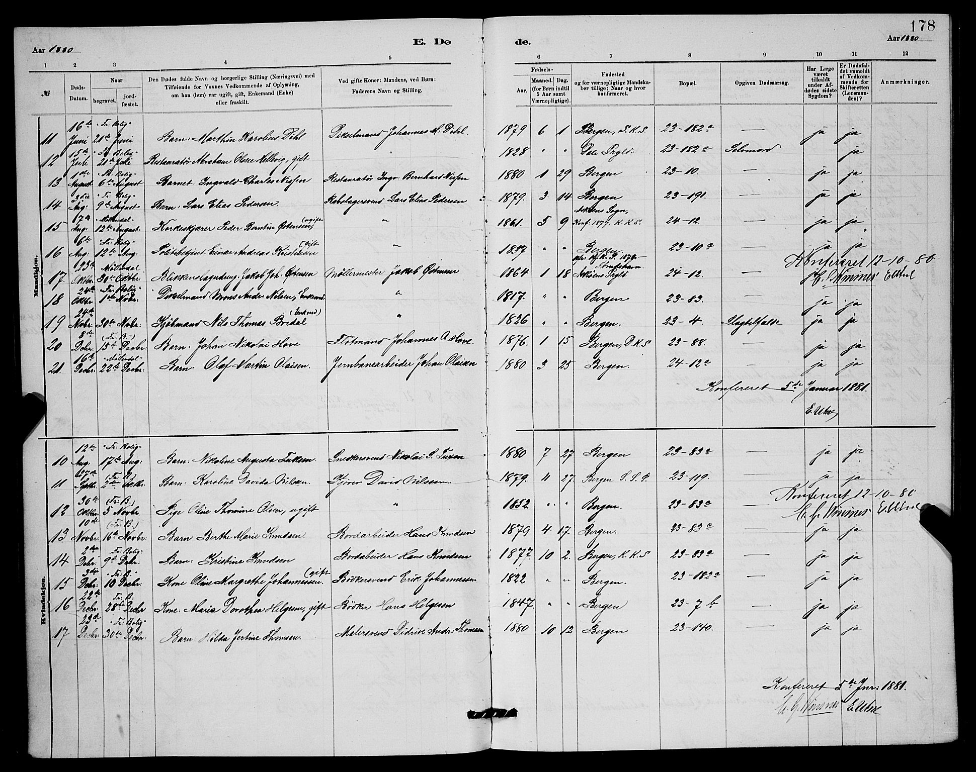 Mariakirken Sokneprestembete, SAB/A-76901/H/Hab/L0004: Parish register (copy) no. A 4, 1878-1892, p. 178