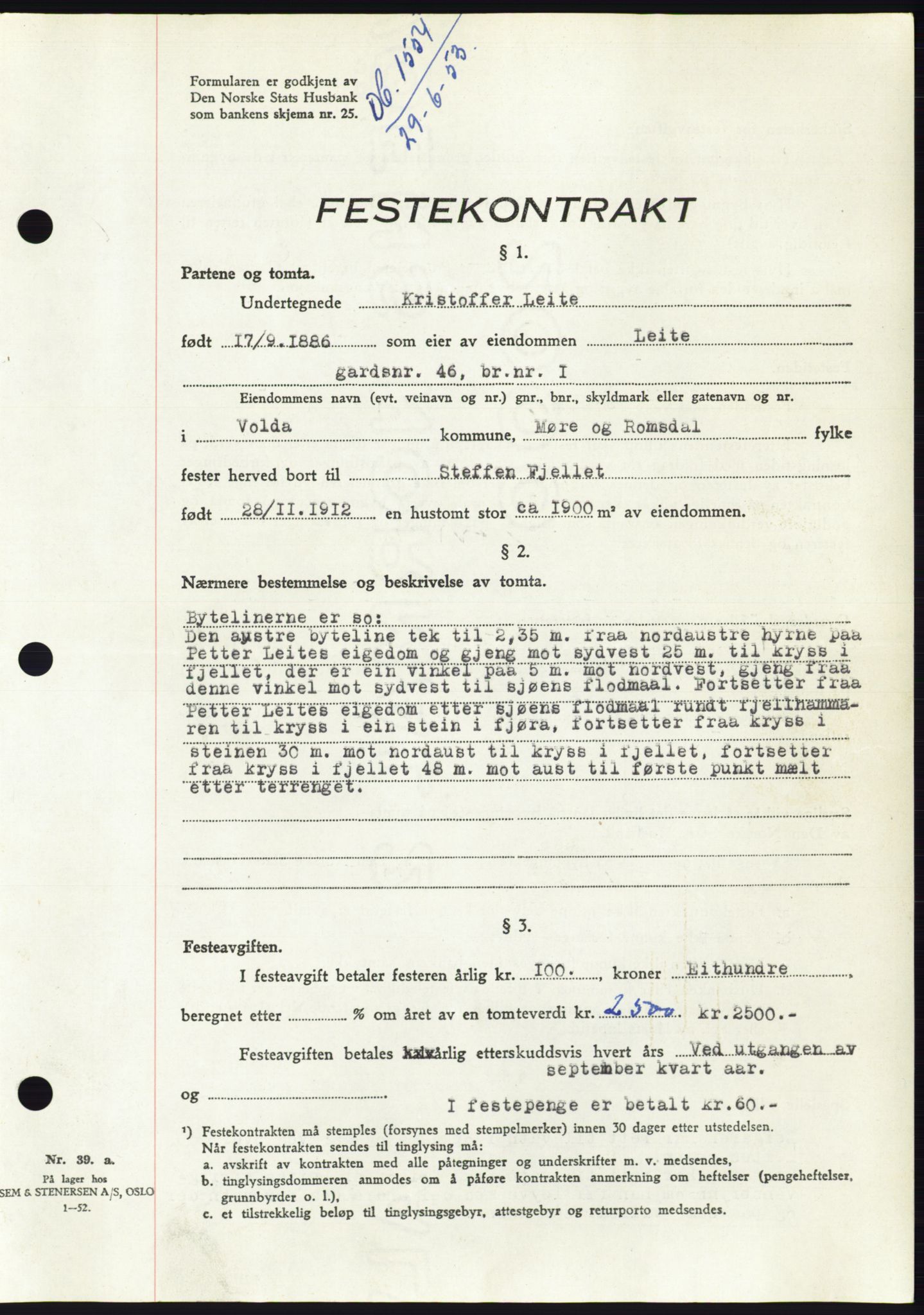 Søre Sunnmøre sorenskriveri, AV/SAT-A-4122/1/2/2C/L0123: Mortgage book no. 11B, 1953-1953, Diary no: : 1554/1953