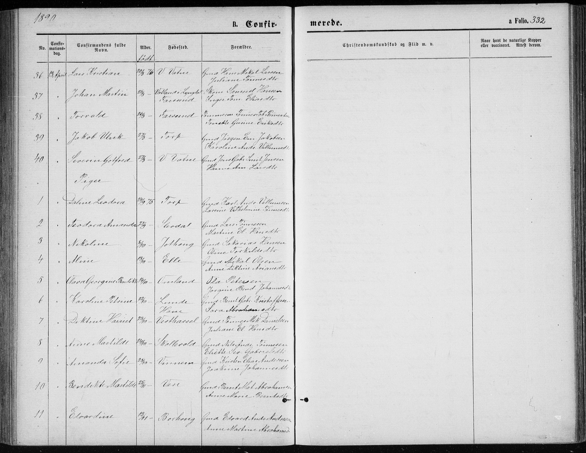 Lista sokneprestkontor, AV/SAK-1111-0027/F/Fb/L0004: Parish register (copy) no. B 4, 1877-1891, p. 332