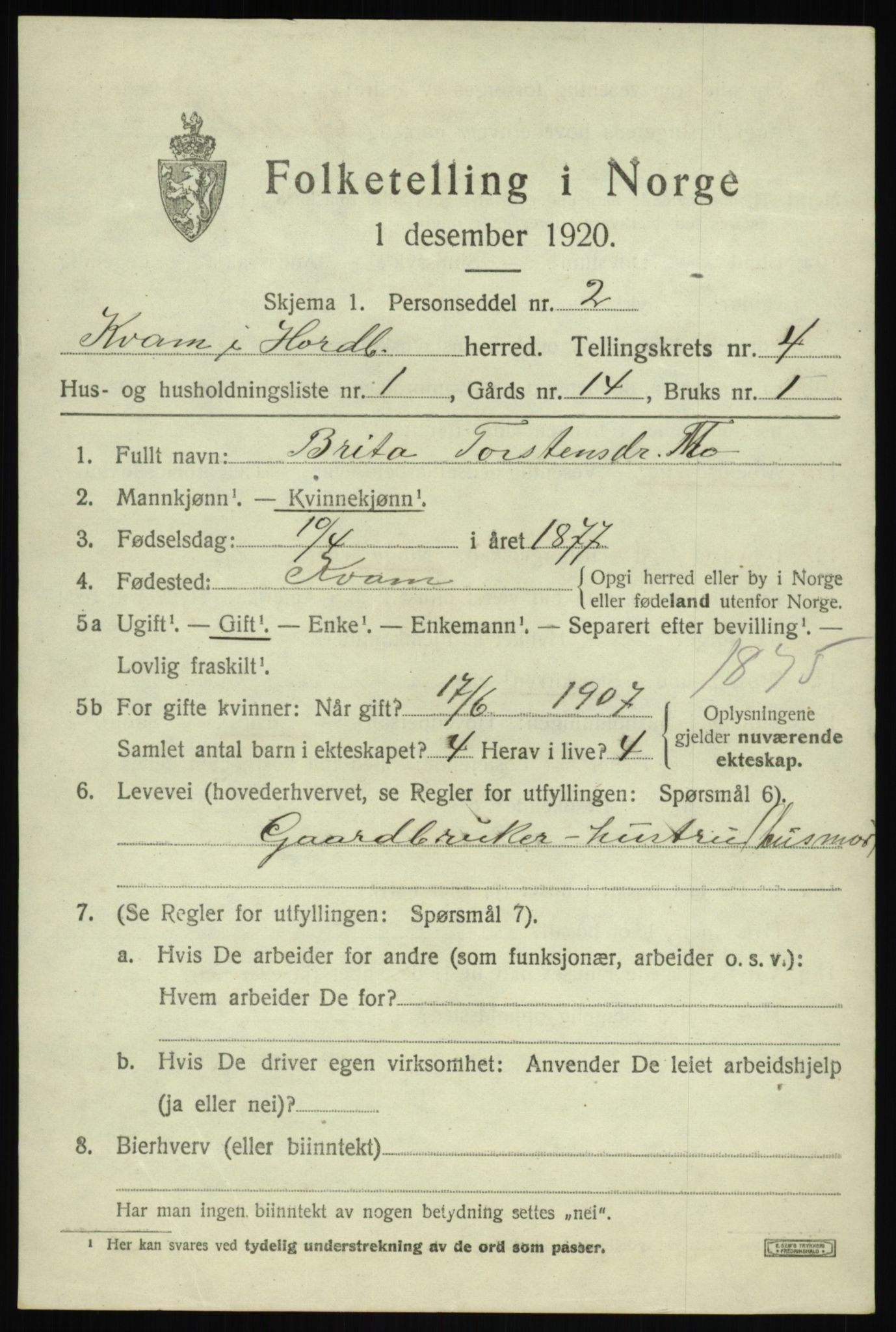 SAB, 1920 census for Kvam, 1920, p. 3239