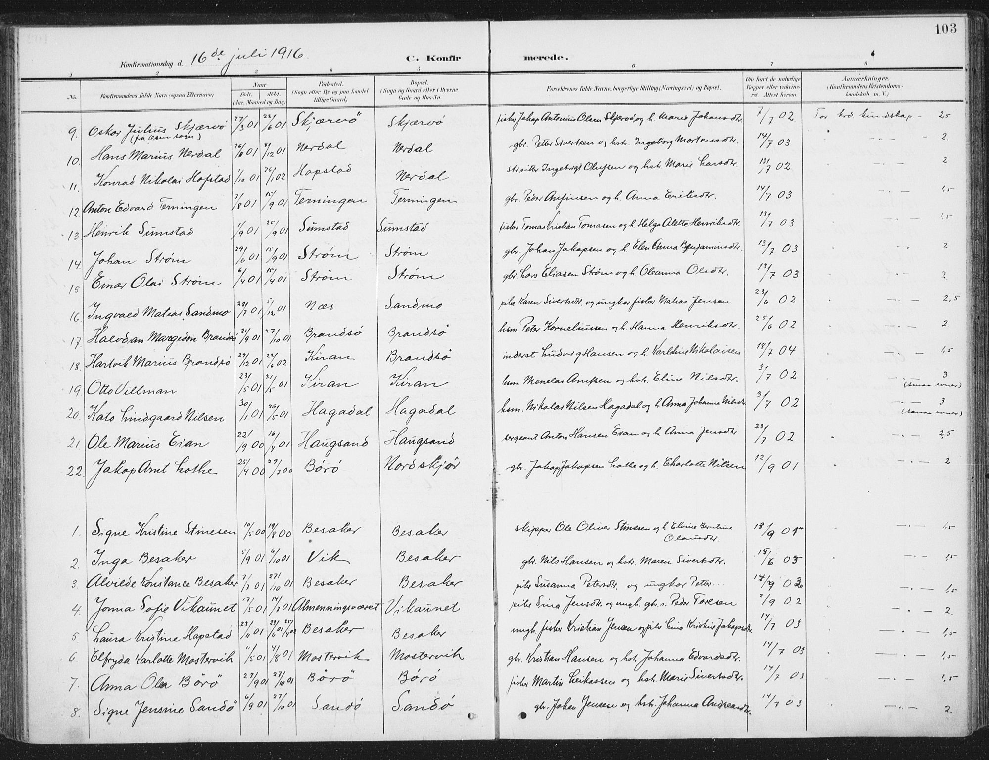 Ministerialprotokoller, klokkerbøker og fødselsregistre - Sør-Trøndelag, SAT/A-1456/657/L0709: Parish register (official) no. 657A10, 1905-1919, p. 103
