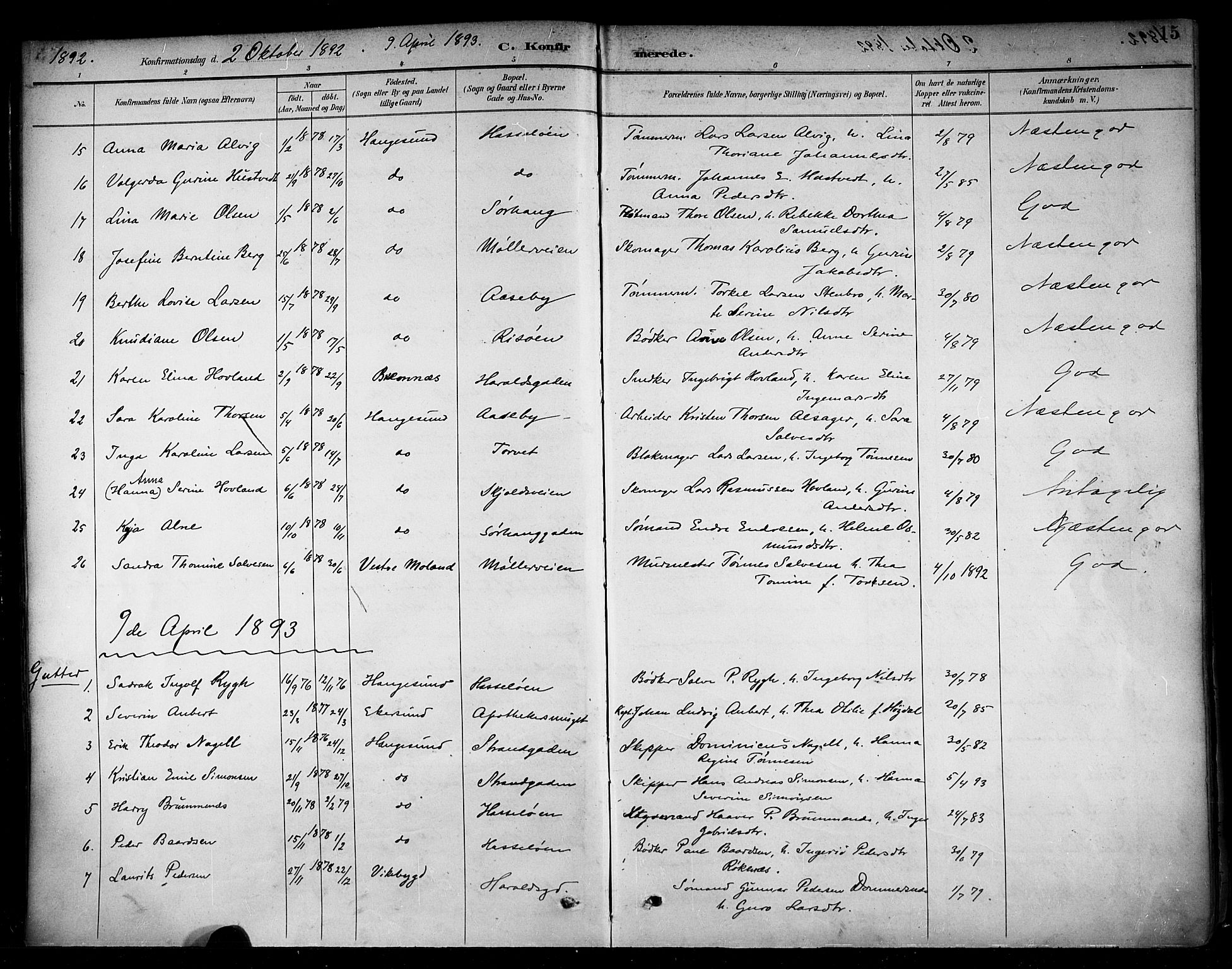 Haugesund sokneprestkontor, SAST/A -101863/H/Ha/Haa/L0005: Parish register (official) no. A 5, 1891-1903, p. 15