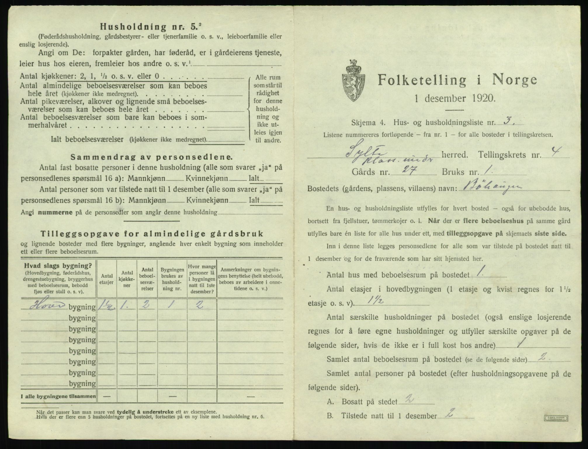 SAT, 1920 census for Sylte, 1920, p. 455