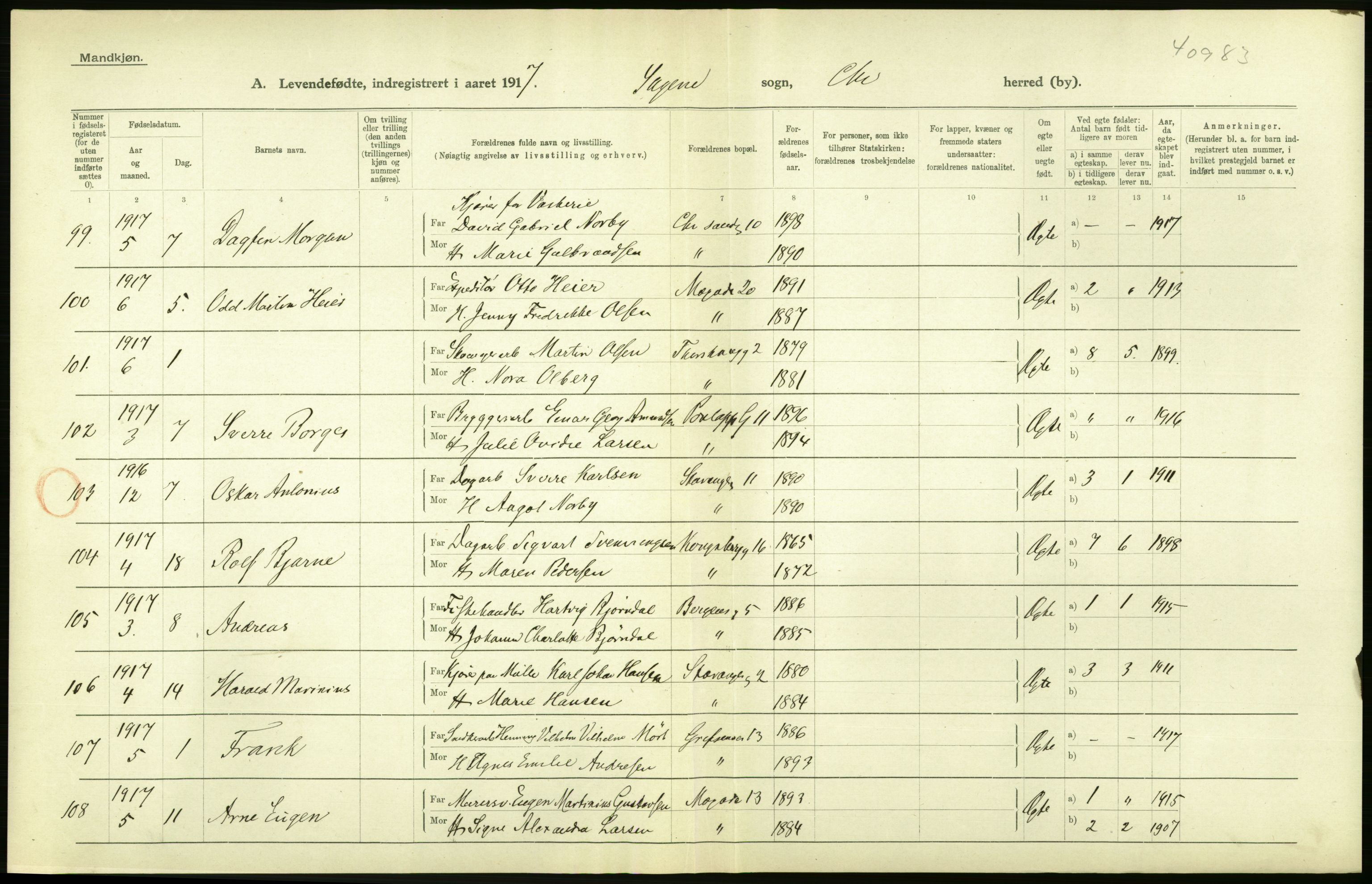 Statistisk sentralbyrå, Sosiodemografiske emner, Befolkning, AV/RA-S-2228/D/Df/Dfb/Dfbg/L0007: Kristiania: Levendefødte menn og kvinner., 1917, p. 106