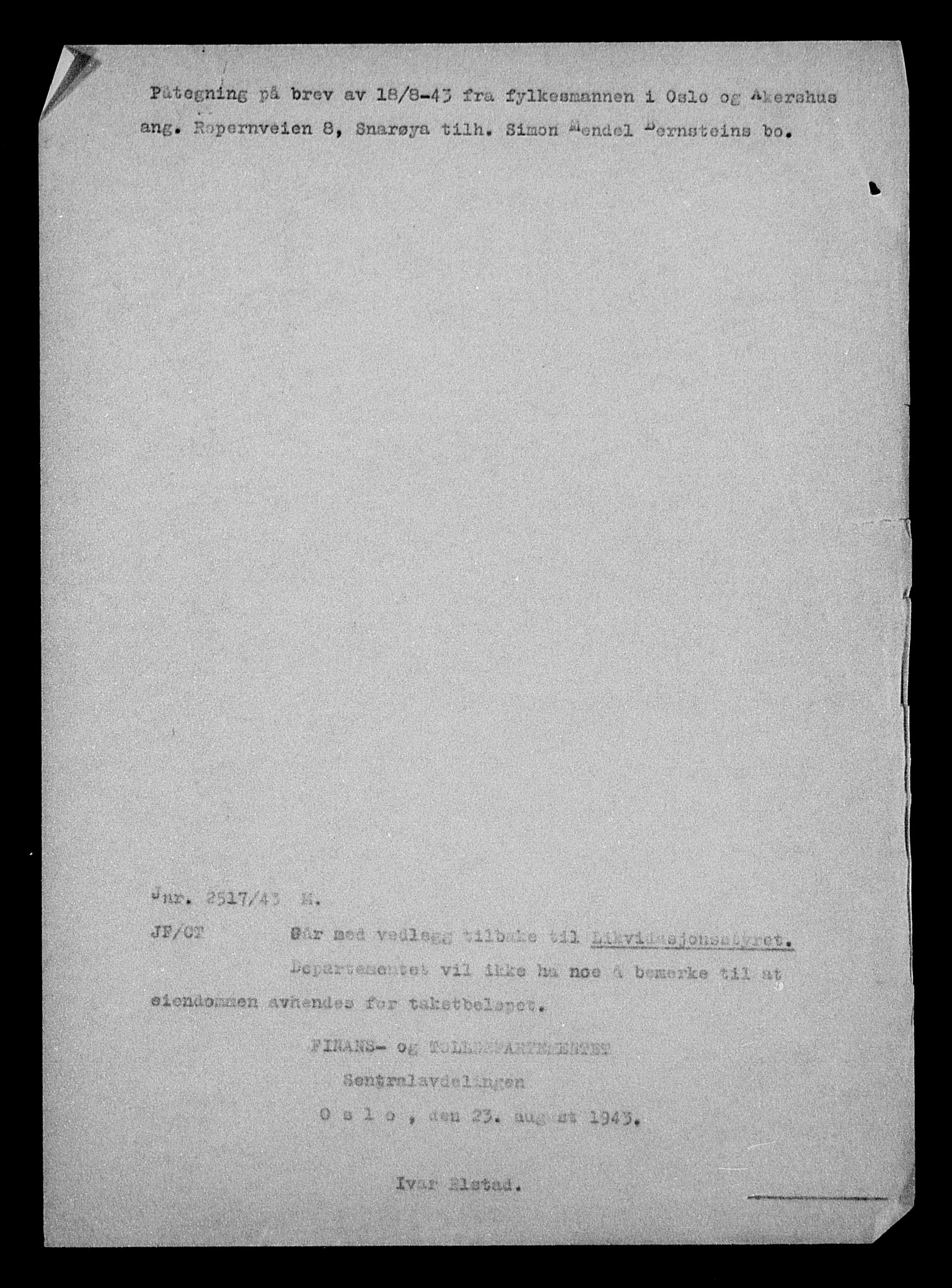 Justisdepartementet, Tilbakeføringskontoret for inndratte formuer, AV/RA-S-1564/H/Hc/Hcc/L0923: --, 1945-1947, p. 143