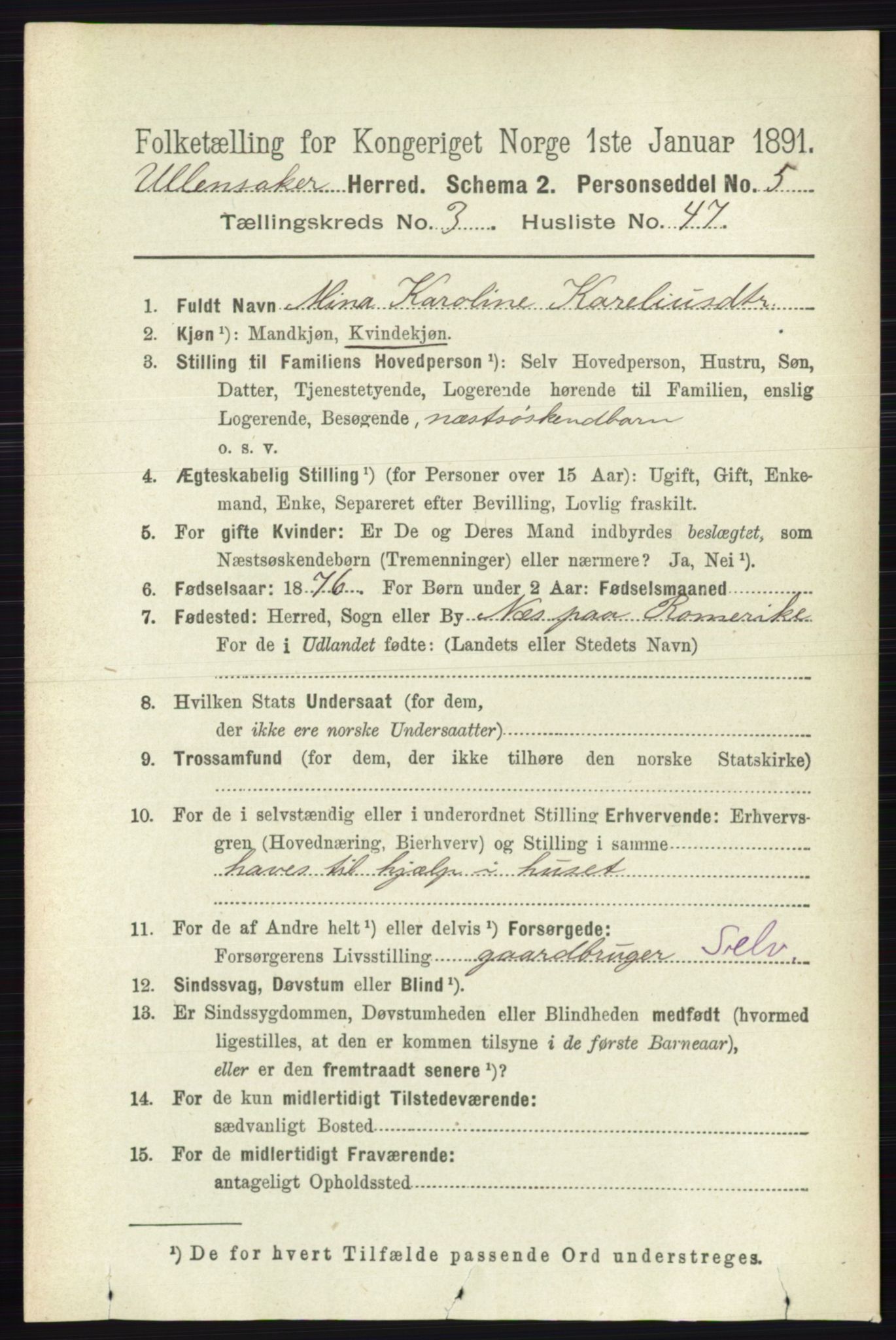 RA, 1891 census for 0235 Ullensaker, 1891, p. 1396