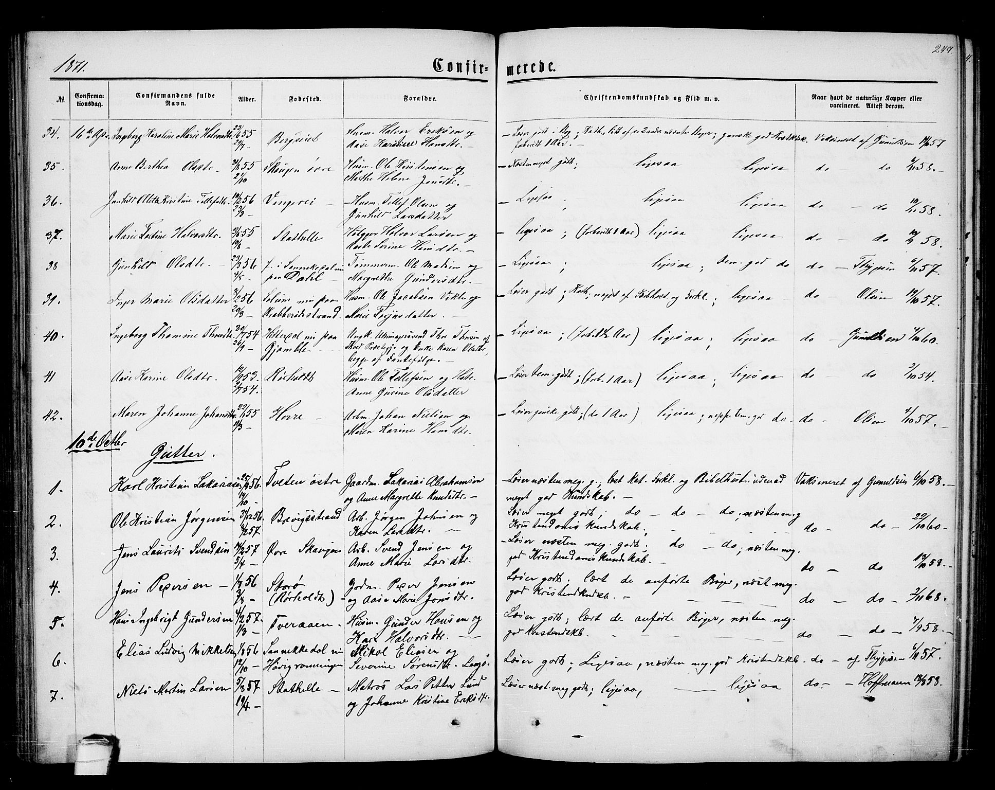Bamble kirkebøker, SAKO/A-253/G/Ga/L0006: Parish register (copy) no. I 6, 1860-1876, p. 249