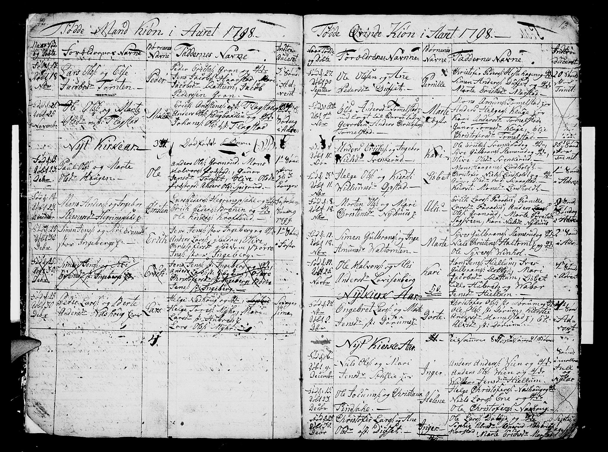 Vang prestekontor, Hedmark, AV/SAH-PREST-008/H/Ha/Hab/L0002: Parish register (copy) no. 2, 1797-1803, p. 12-13