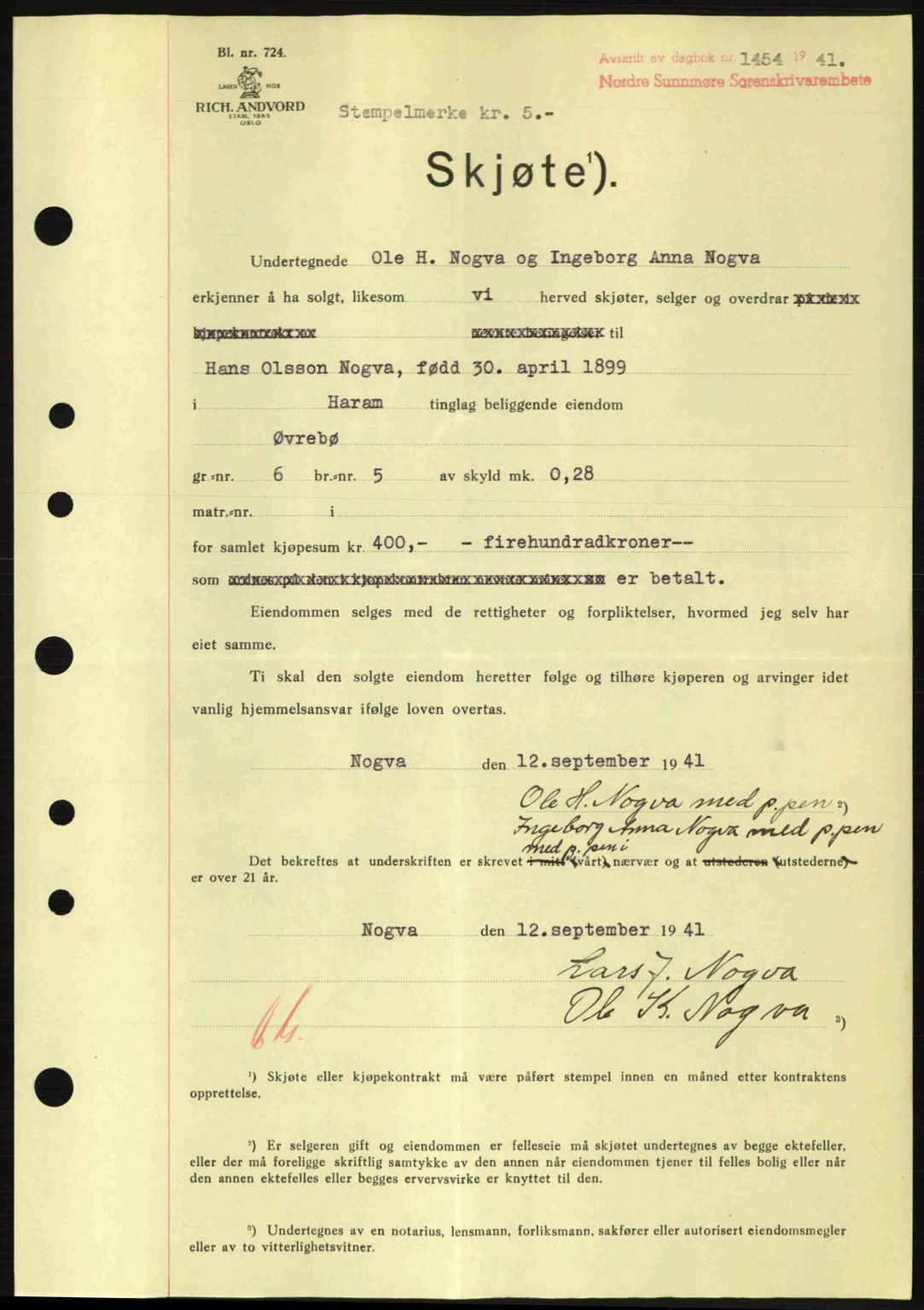 Nordre Sunnmøre sorenskriveri, AV/SAT-A-0006/1/2/2C/2Ca: Mortgage book no. A11, 1941-1941, Diary no: : 1454/1941