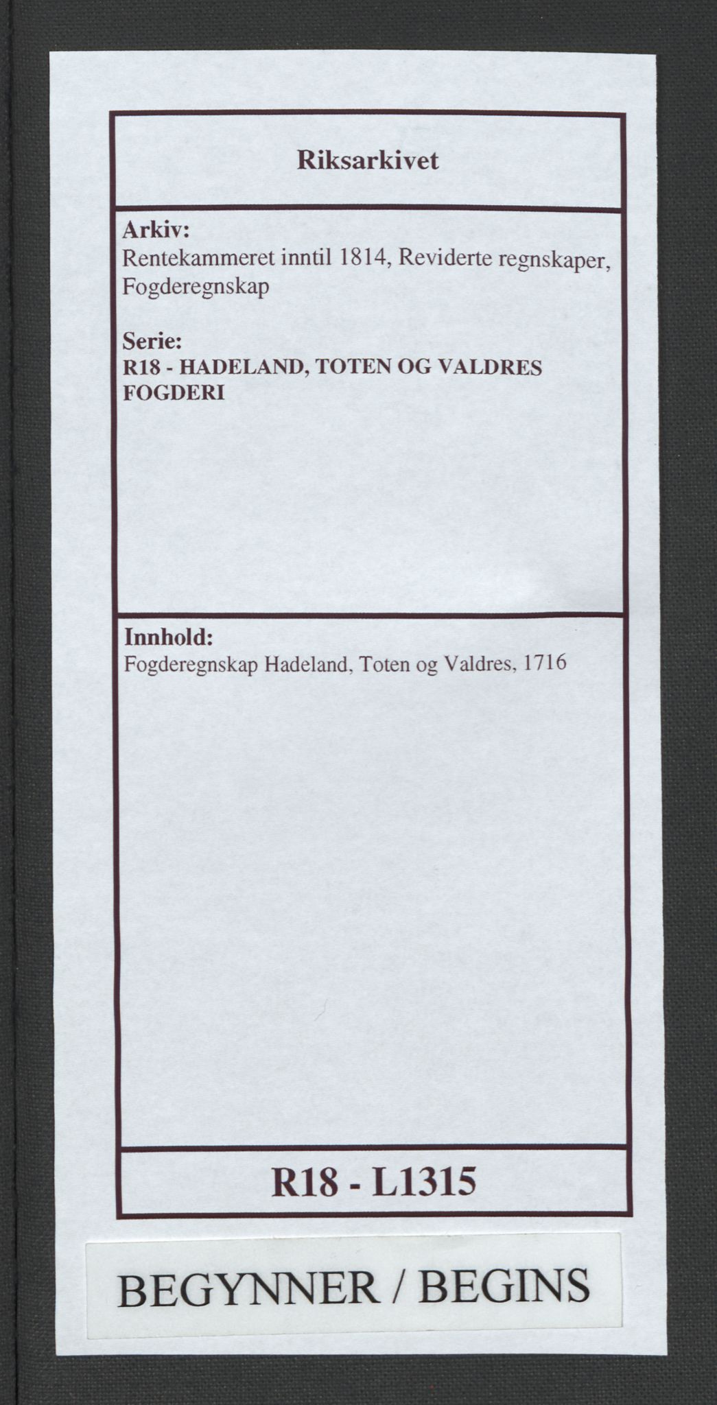 Rentekammeret inntil 1814, Reviderte regnskaper, Fogderegnskap, AV/RA-EA-4092/R18/L1315: Fogderegnskap Hadeland, Toten og Valdres, 1716, p. 1