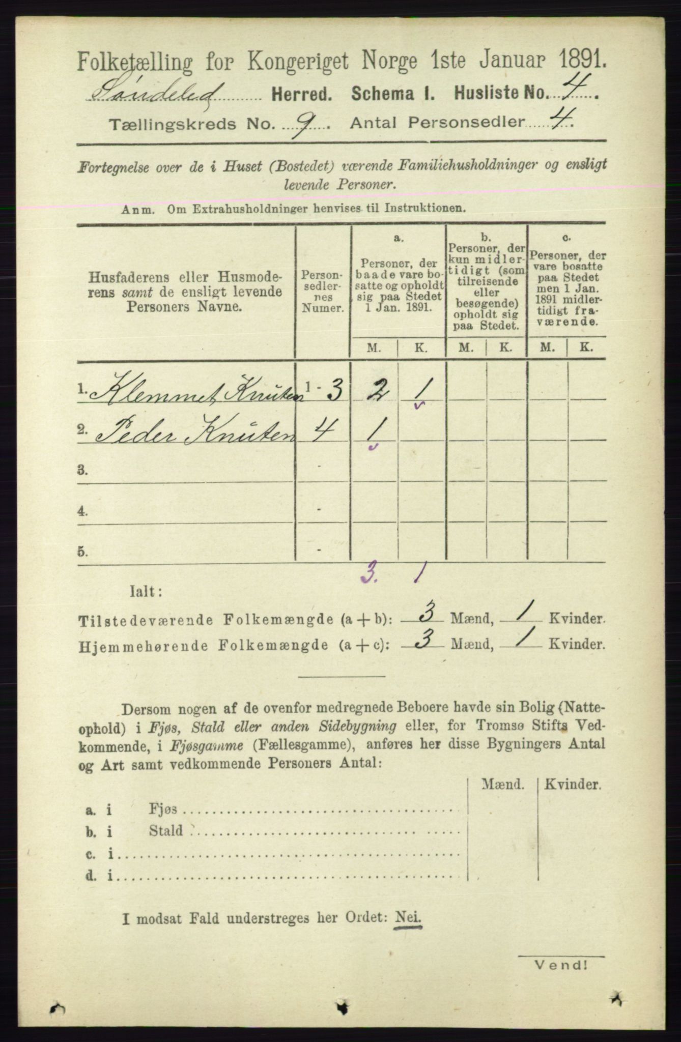 RA, 1891 census for 0913 Søndeled, 1891, p. 2838