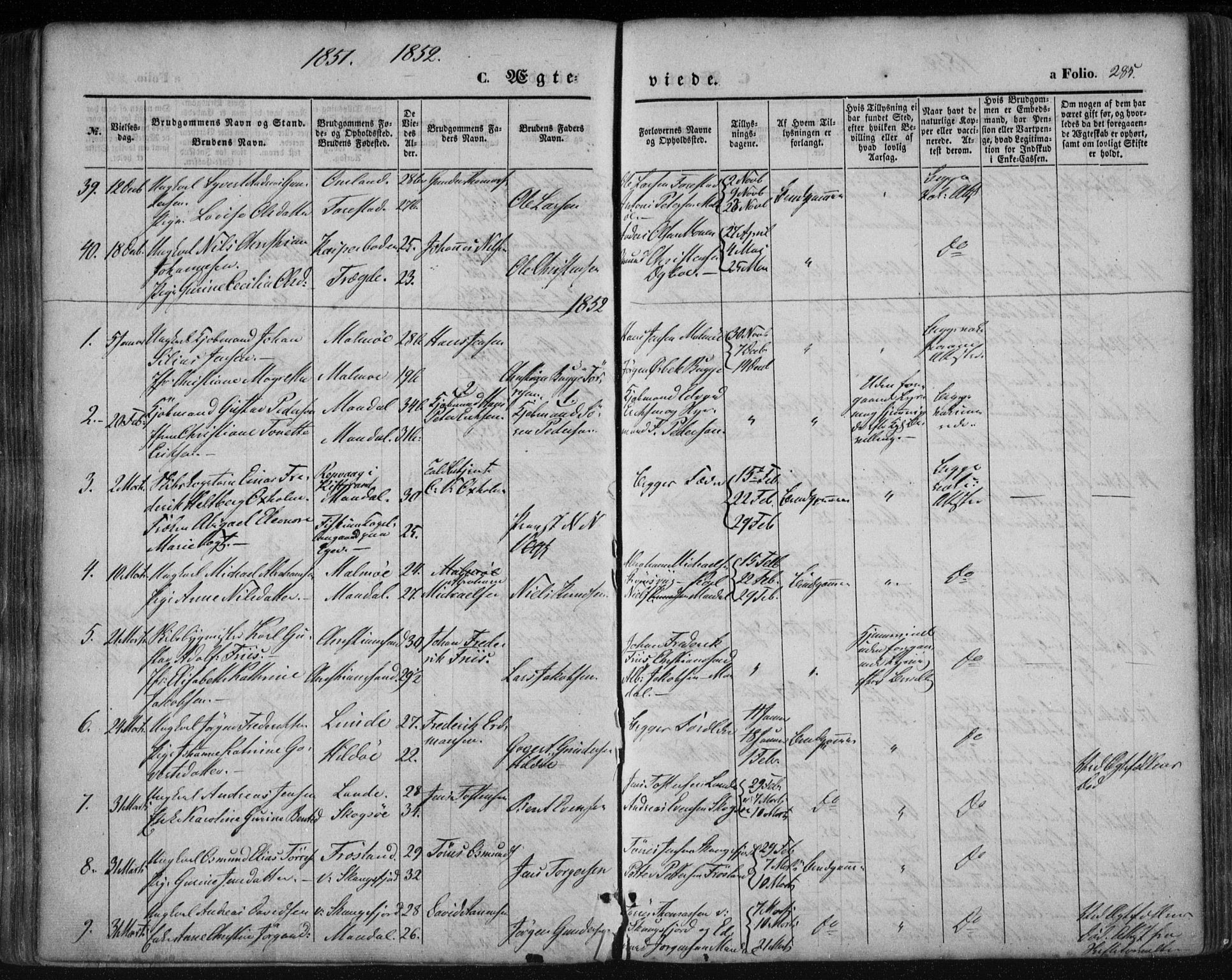 Mandal sokneprestkontor, SAK/1111-0030/F/Fa/Faa/L0013: Parish register (official) no. A 13, 1847-1859, p. 285