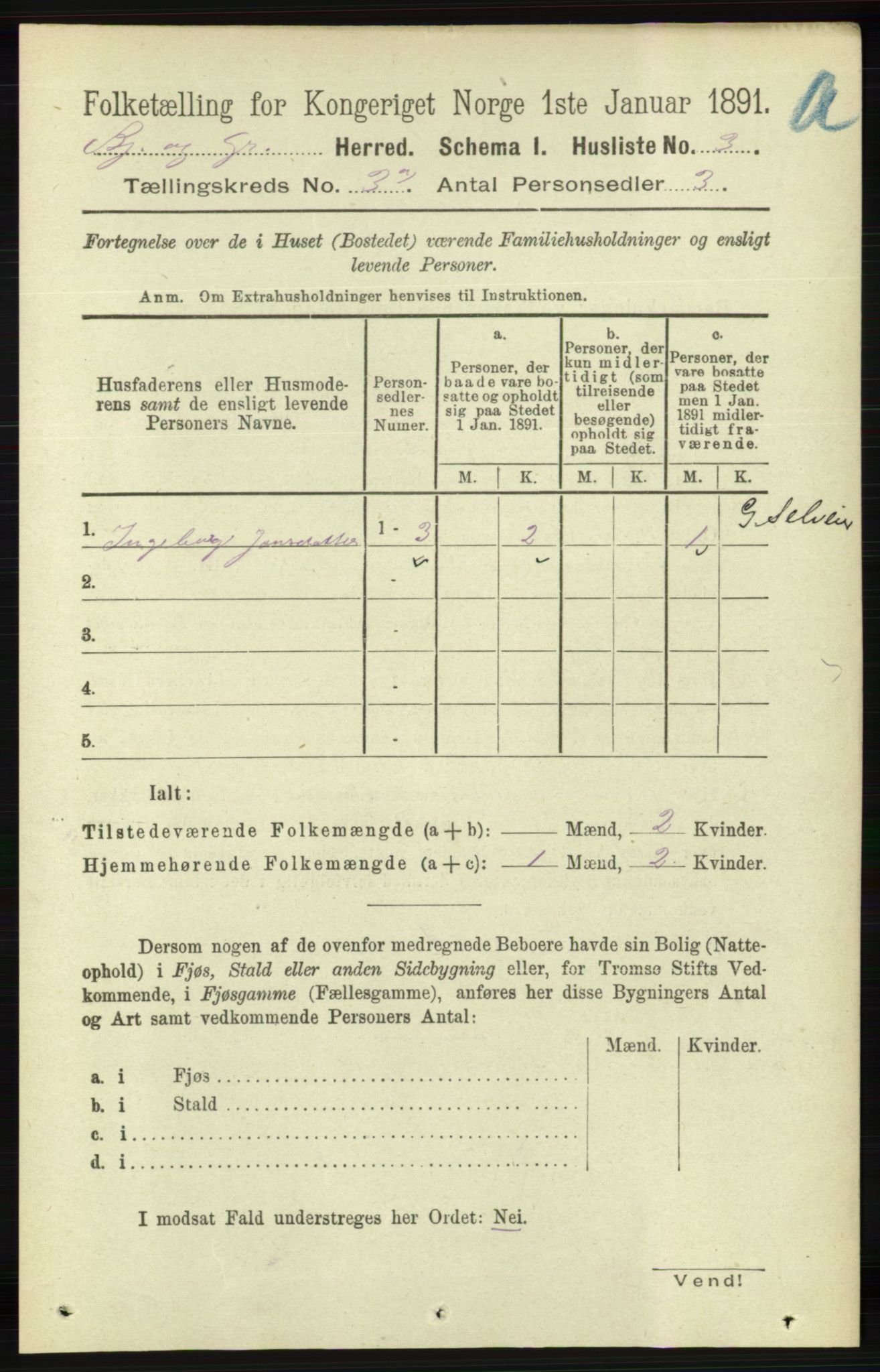 RA, 1891 census for 1024 Bjelland og Grindheim, 1891, p. 1408