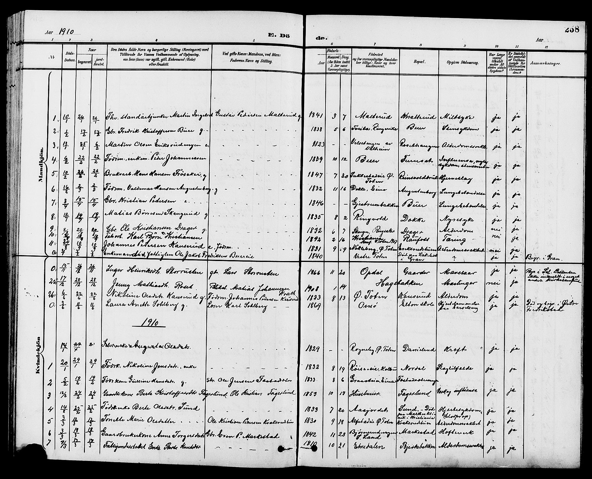 Vestre Toten prestekontor, SAH/PREST-108/H/Ha/Hab/L0010: Parish register (copy) no. 10, 1900-1912, p. 258