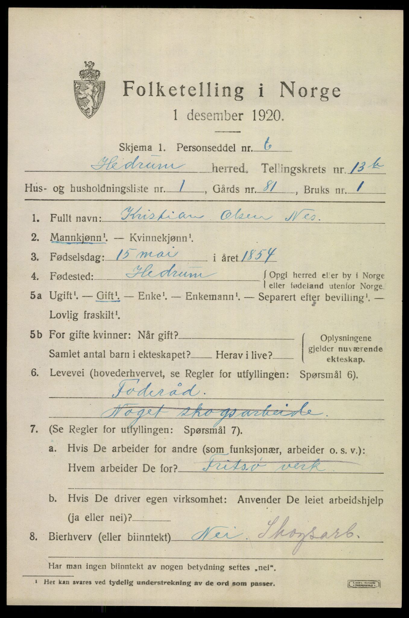 SAKO, 1920 census for Hedrum, 1920, p. 8821