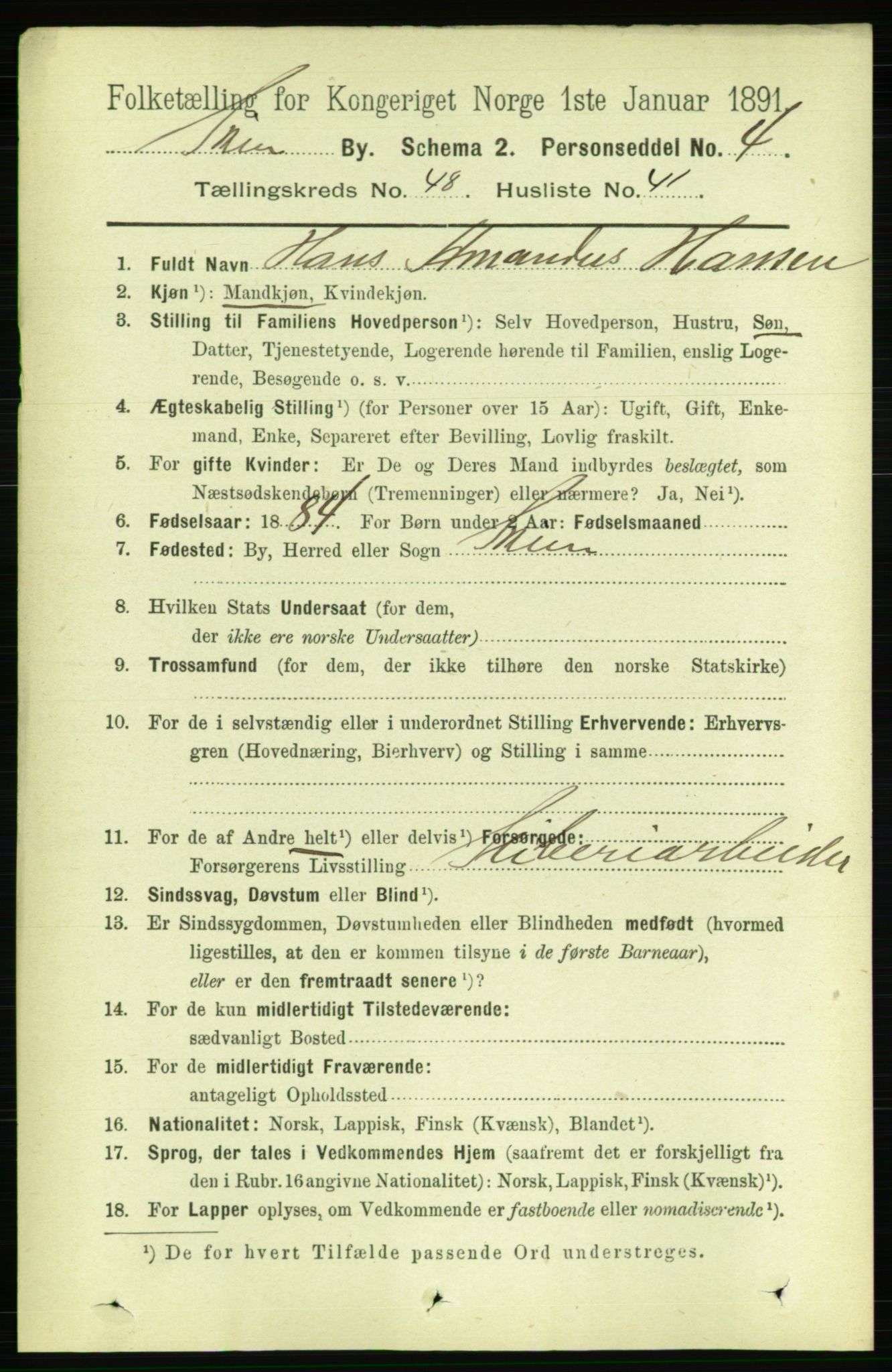 RA, 1891 census for 0806 Skien, 1891, p. 10162