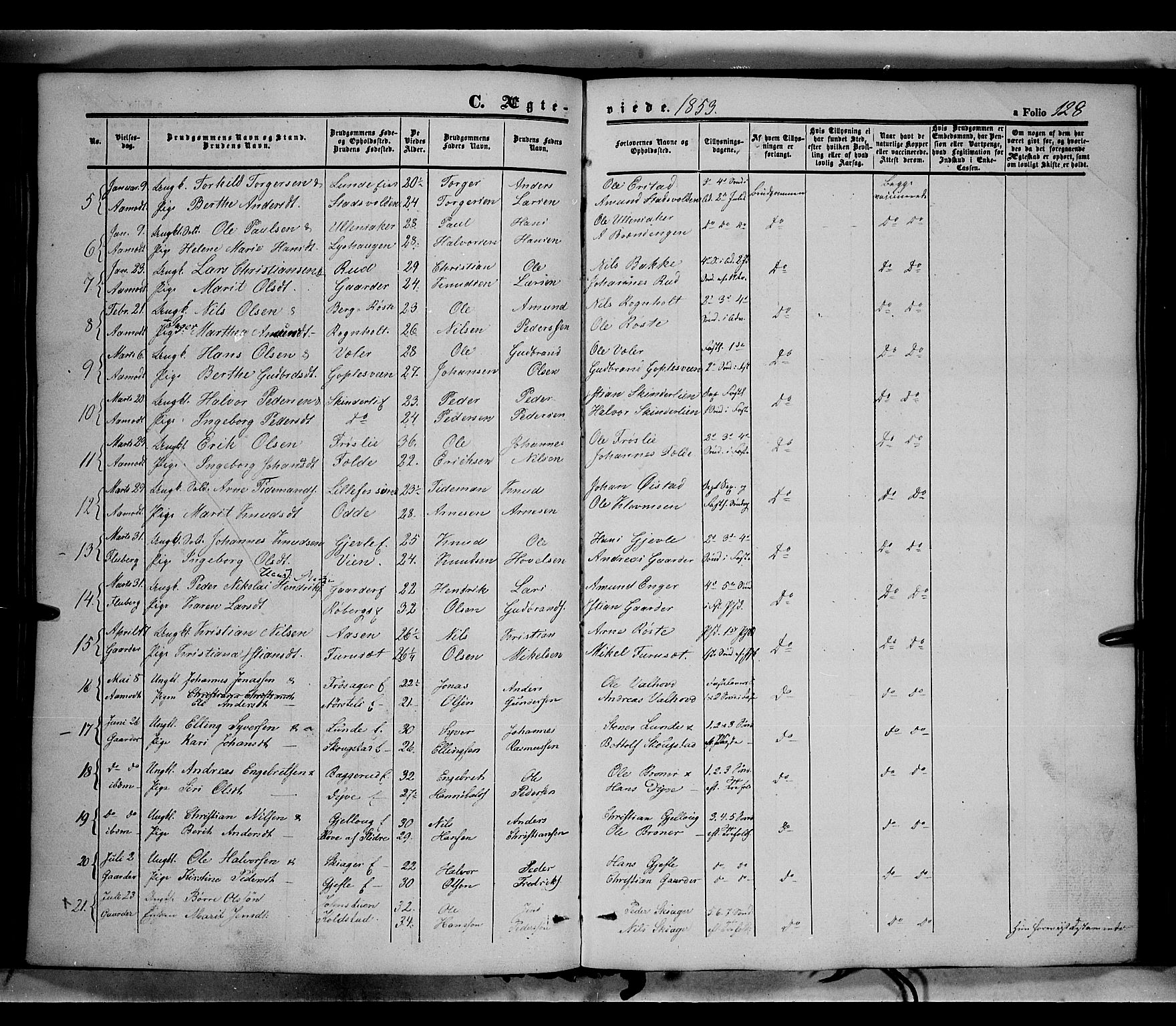 Land prestekontor, SAH/PREST-120/H/Ha/Haa/L0010: Parish register (official) no. 10, 1847-1859, p. 128