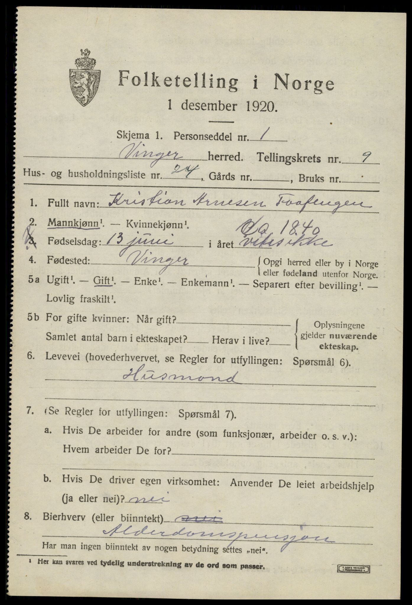 SAH, 1920 census for Vinger, 1920, p. 8370