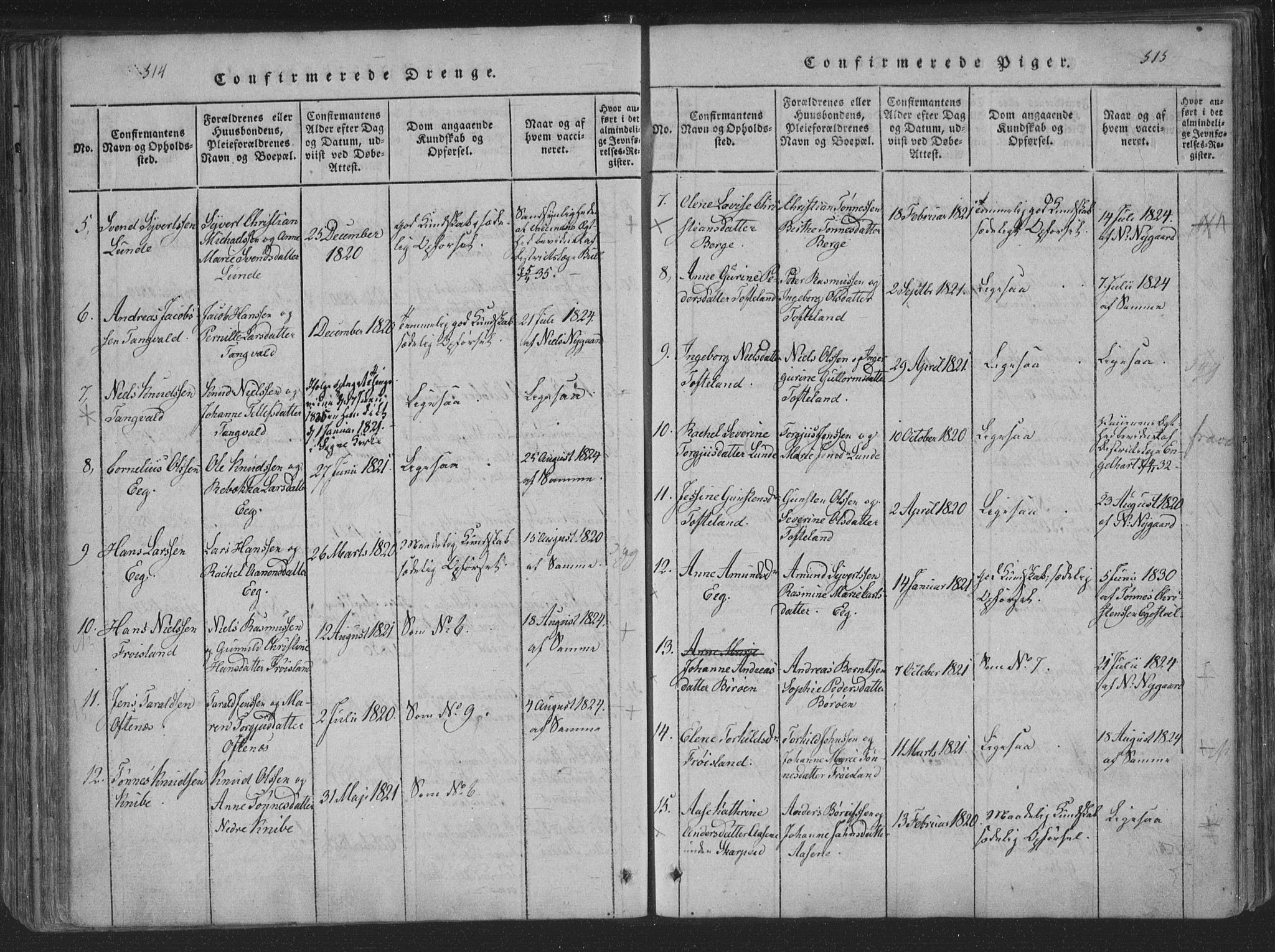 Søgne sokneprestkontor, SAK/1111-0037/F/Fa/Fab/L0008: Parish register (official) no. A 8, 1821-1838, p. 514-515